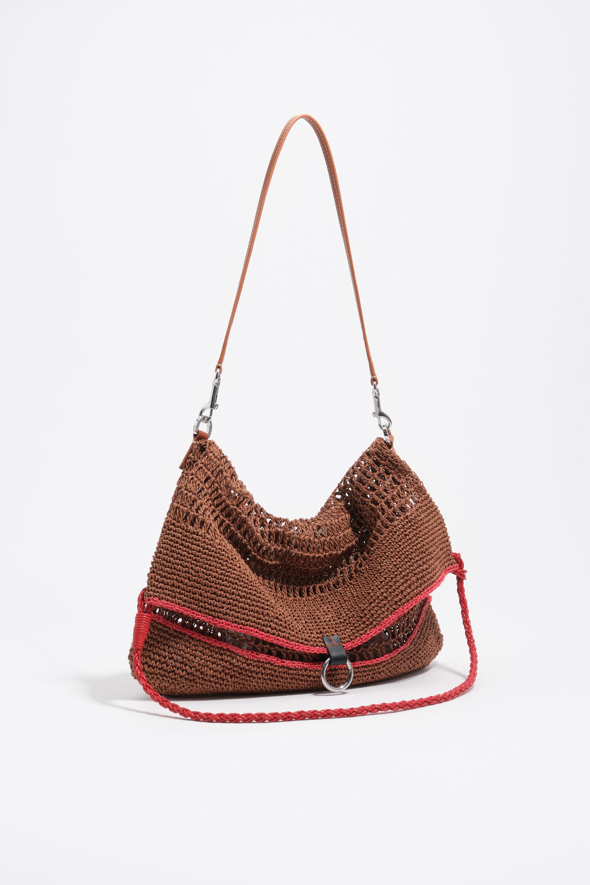 Medium oak raffia-effect shoulder bag