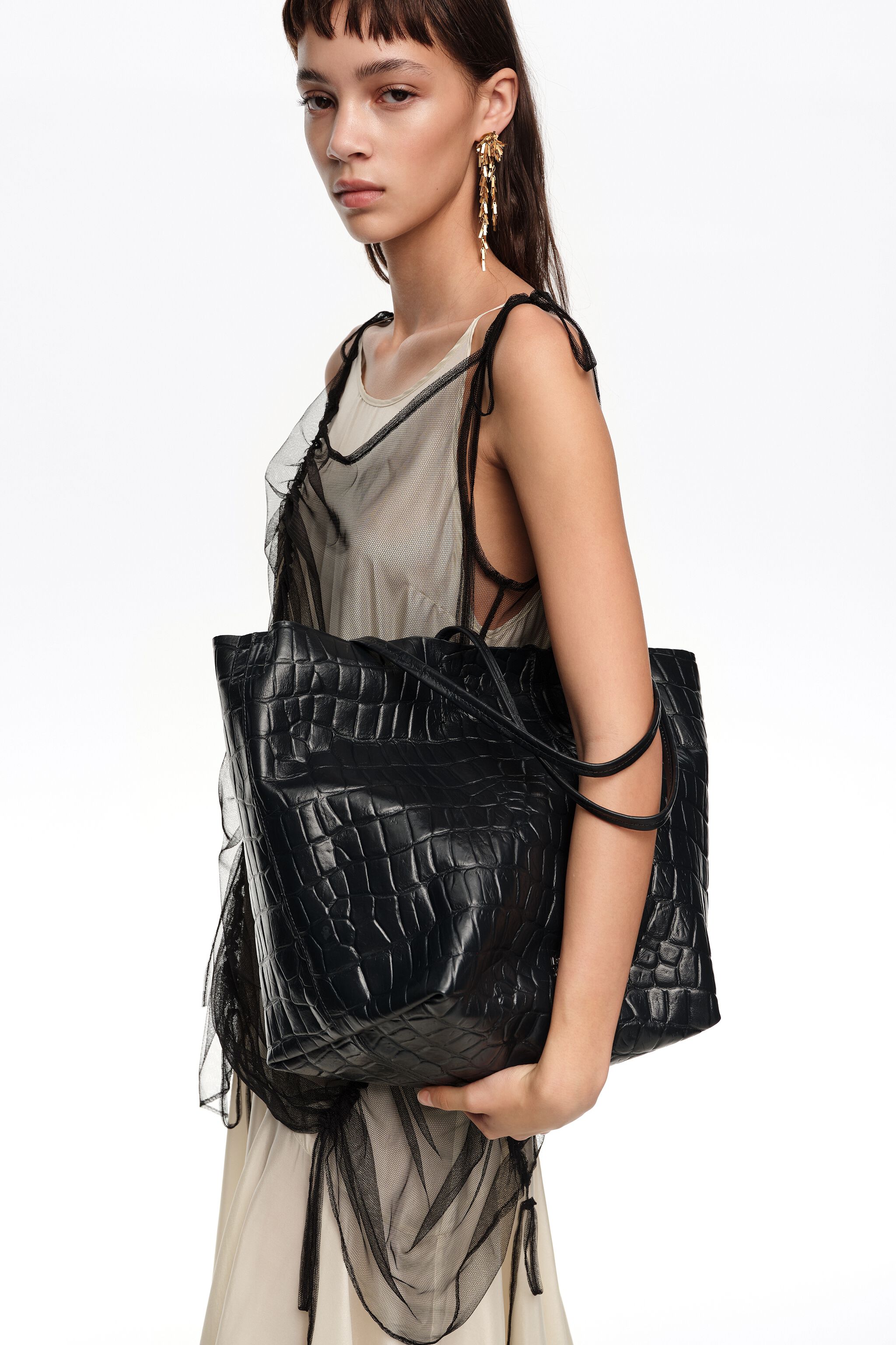 Large leather shopper bag in petrol blue crocodile embossed