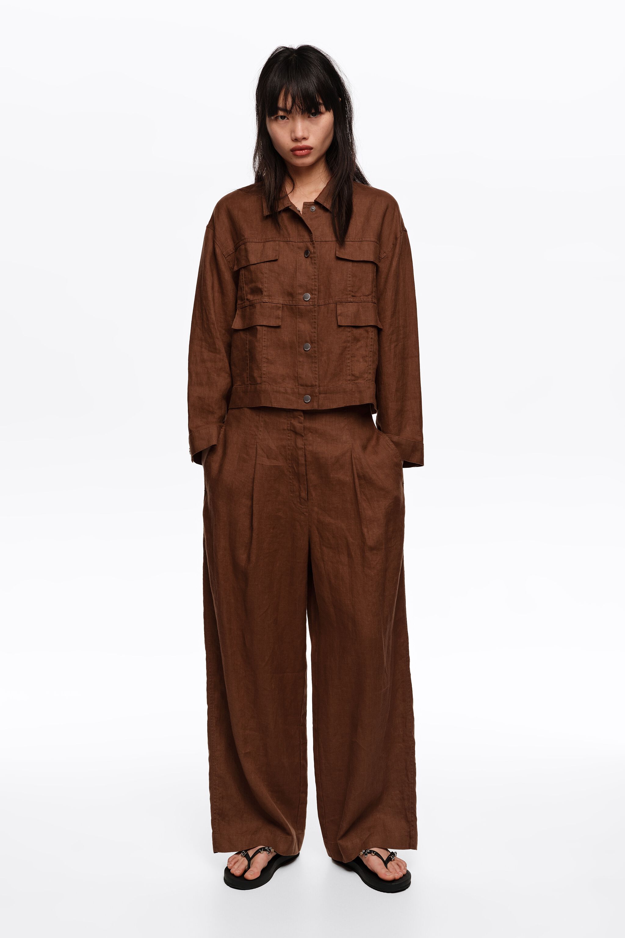 Washed brown linen straight-leg trousers with darts