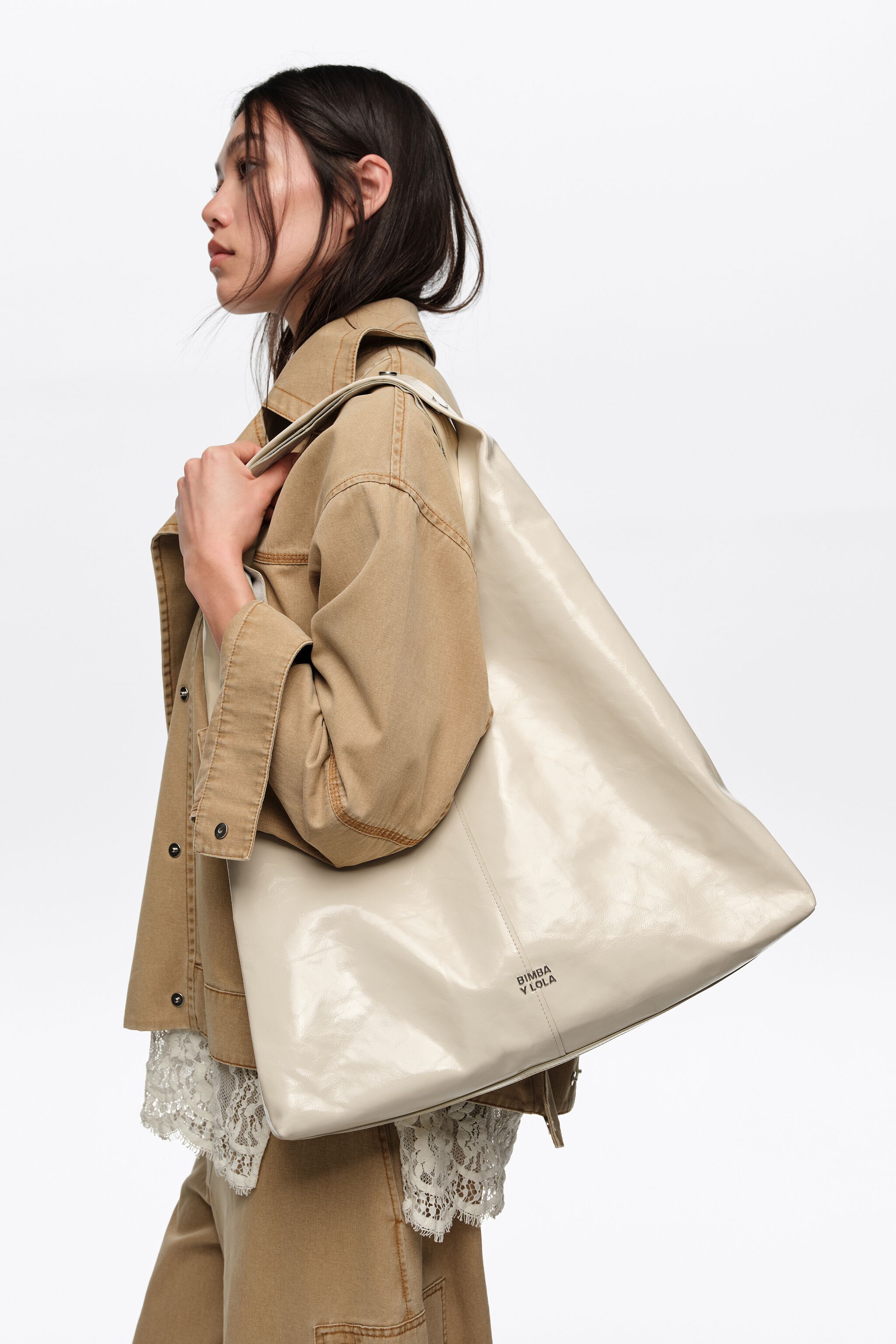 Cream shiny leather maxi Bikini Paper bag