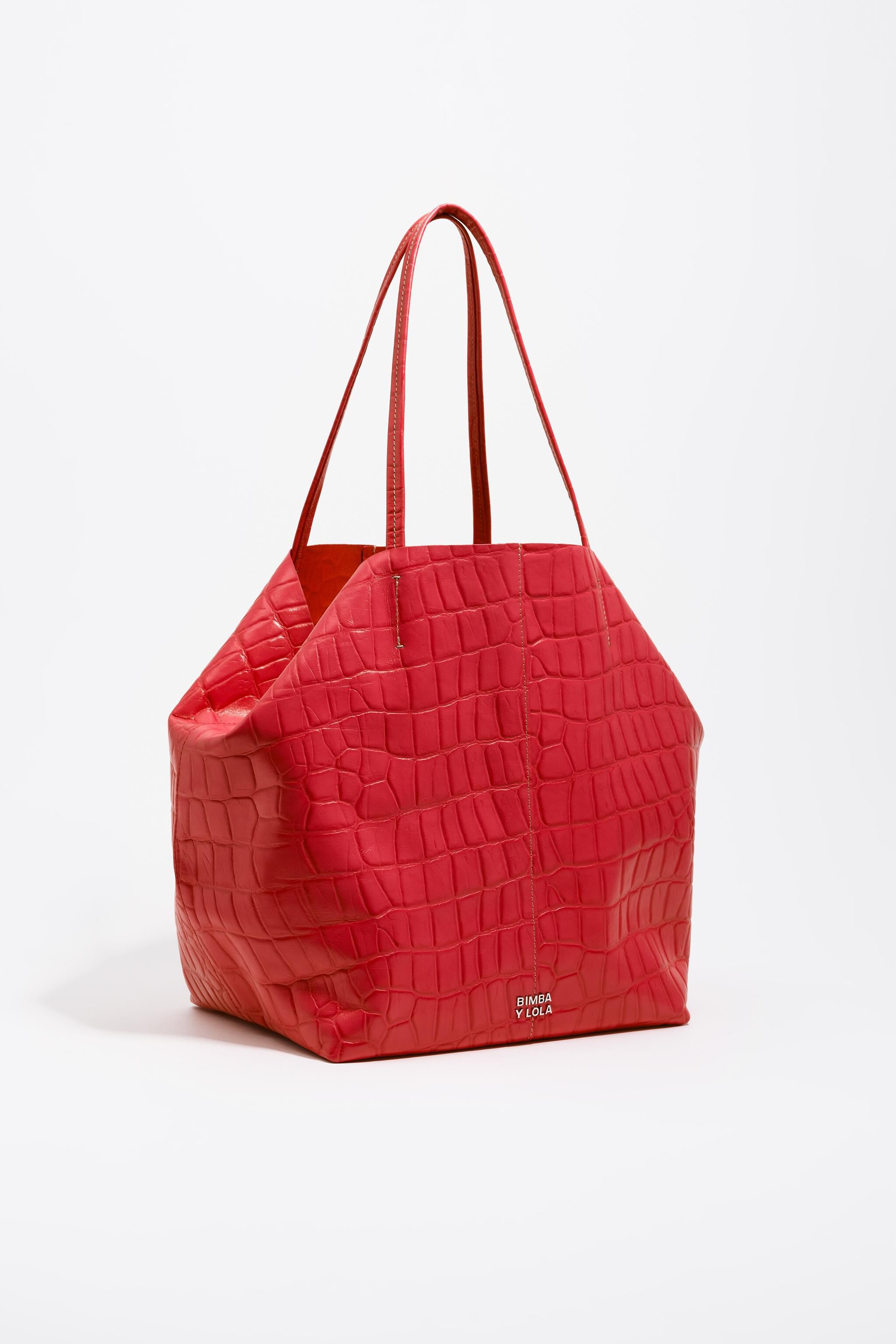 Large leather shopper bag in red crocodile embossed