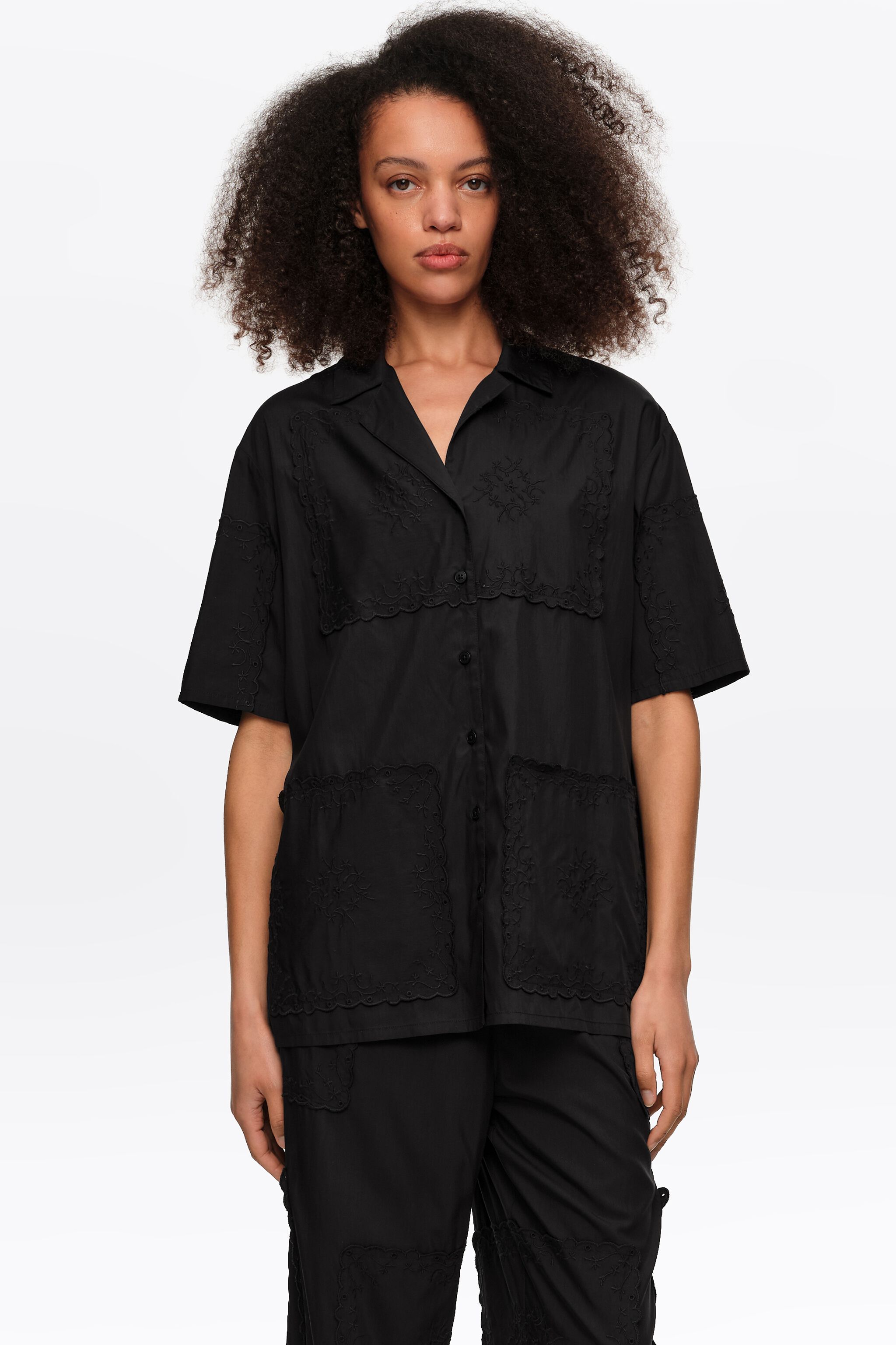 Black embroidered scarf patchwork shirt