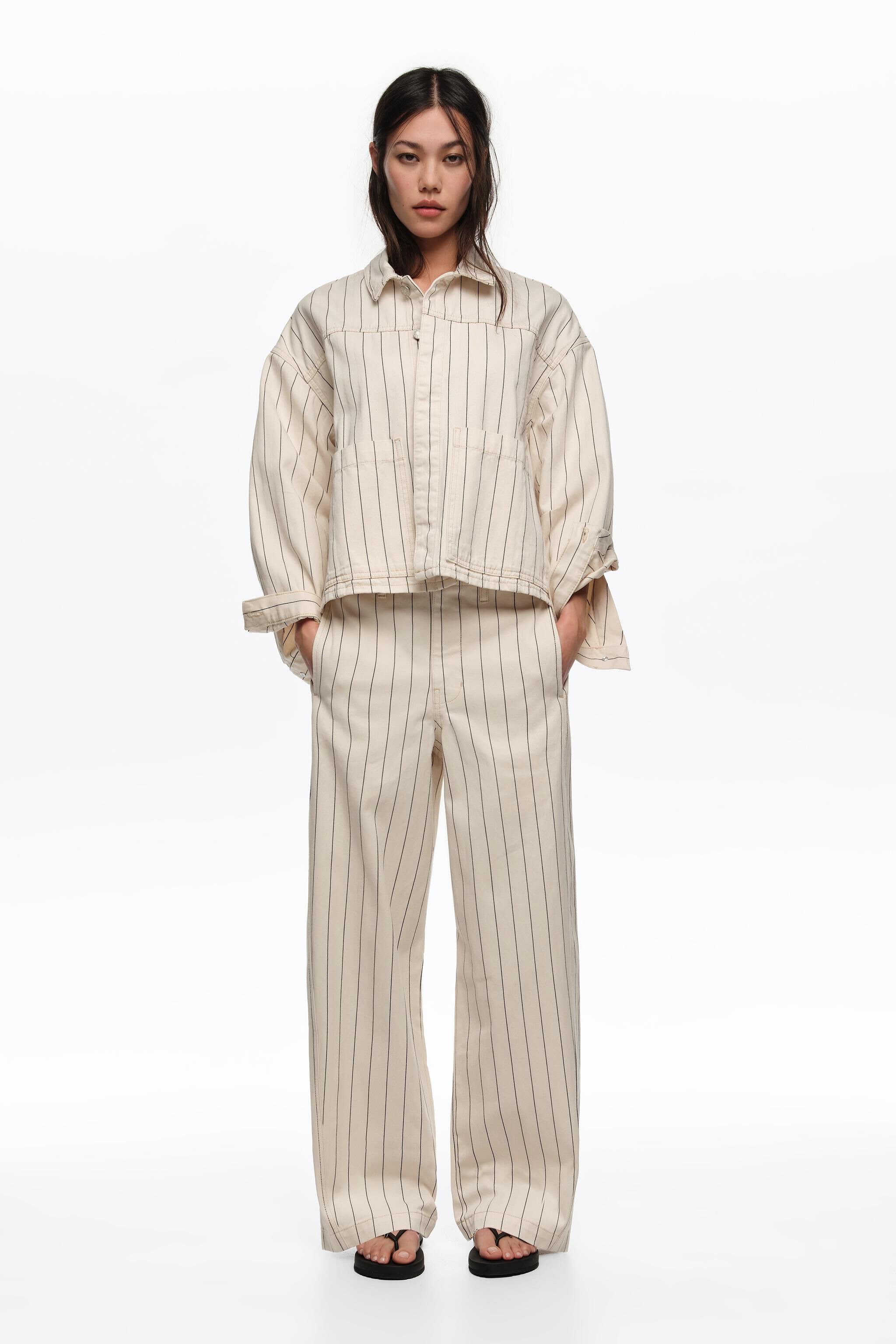 Off-white striped A-line denim jacket