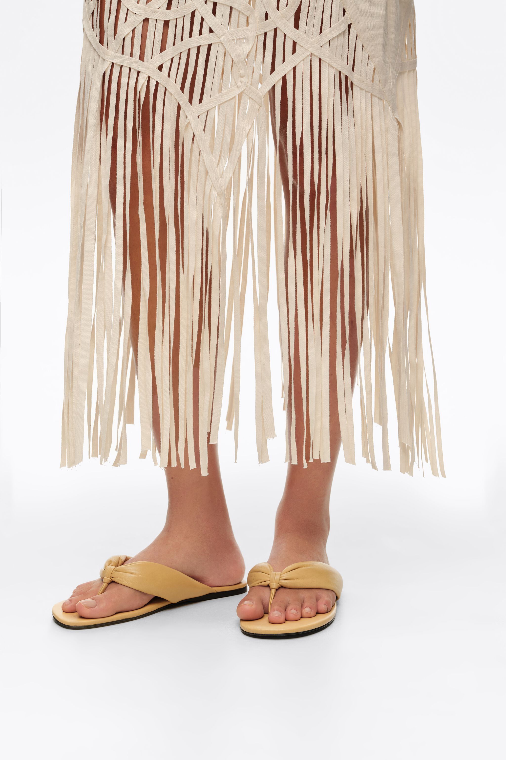 Sand irregular fringed linen skirt