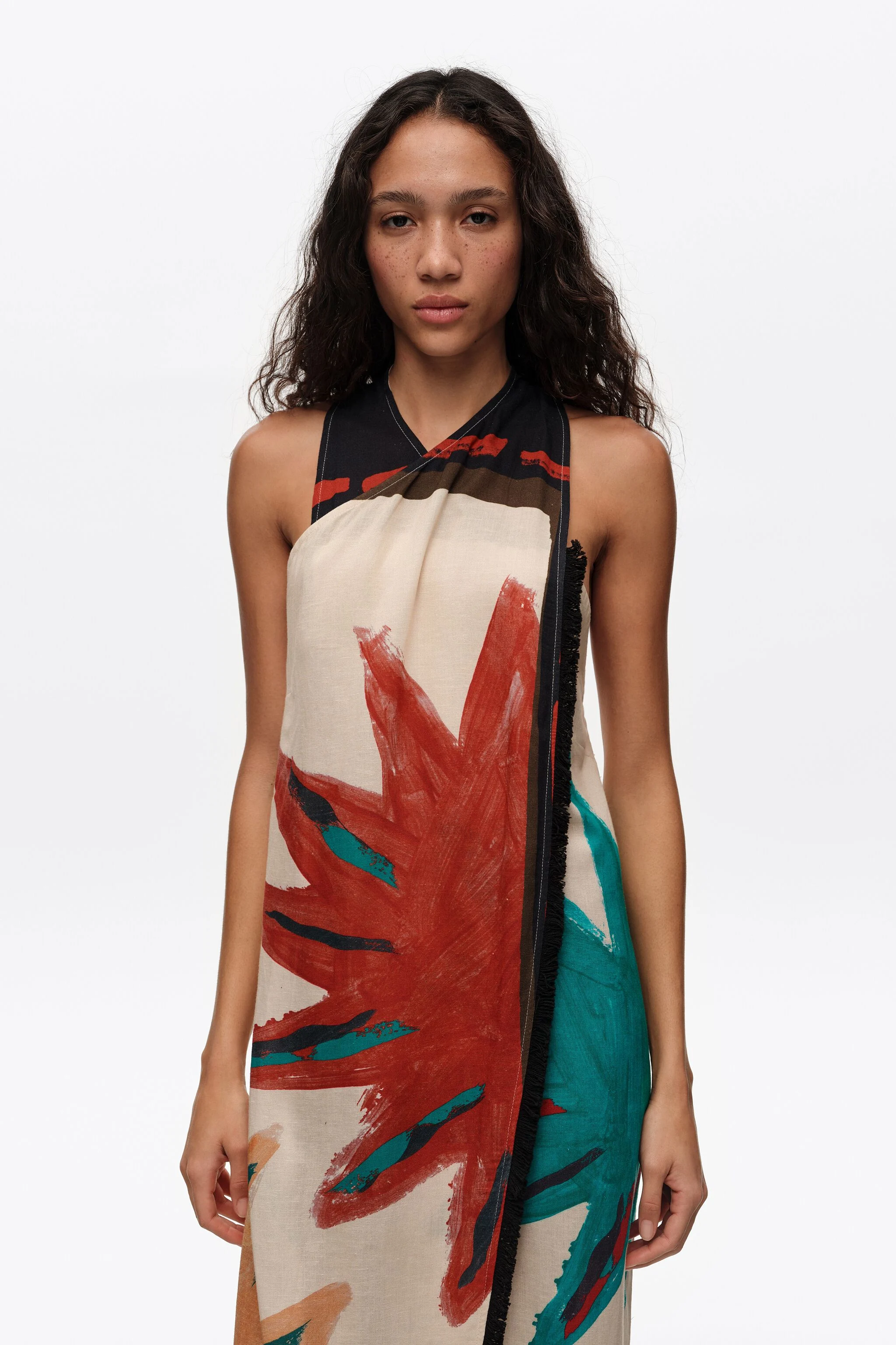 Positional Sun fringed midi wrap dress