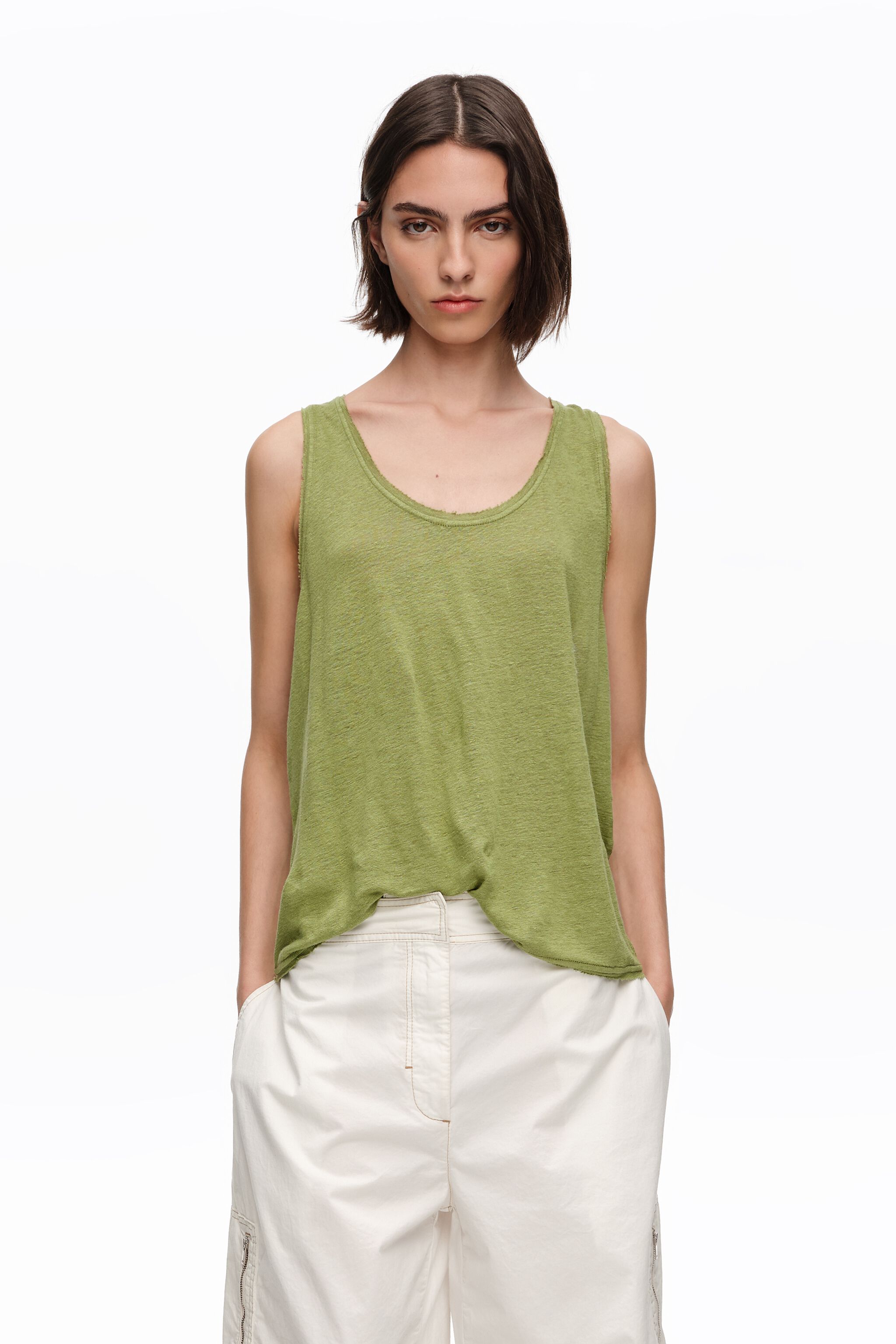 Green washed linen vest top