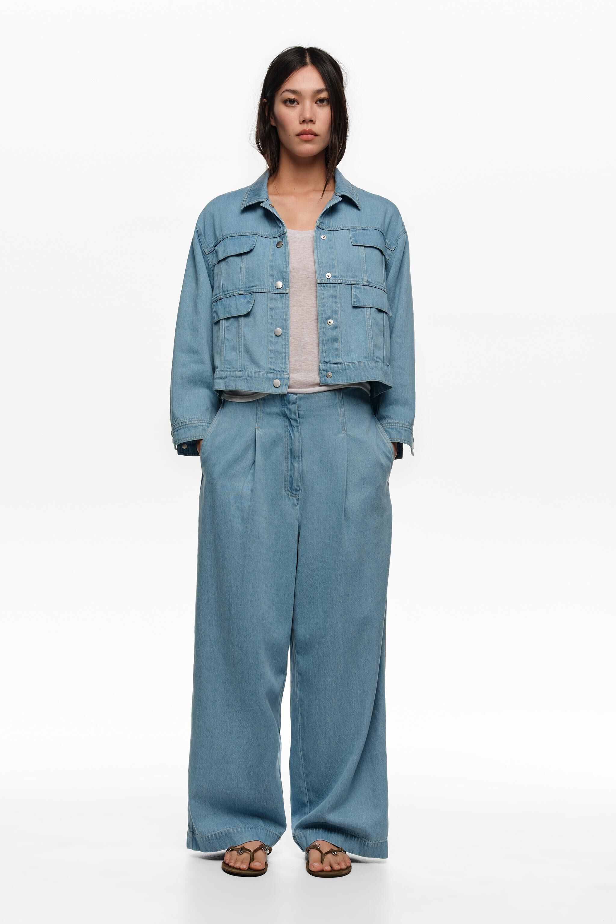 Light blue fluid denim straight-leg trousers with pleats