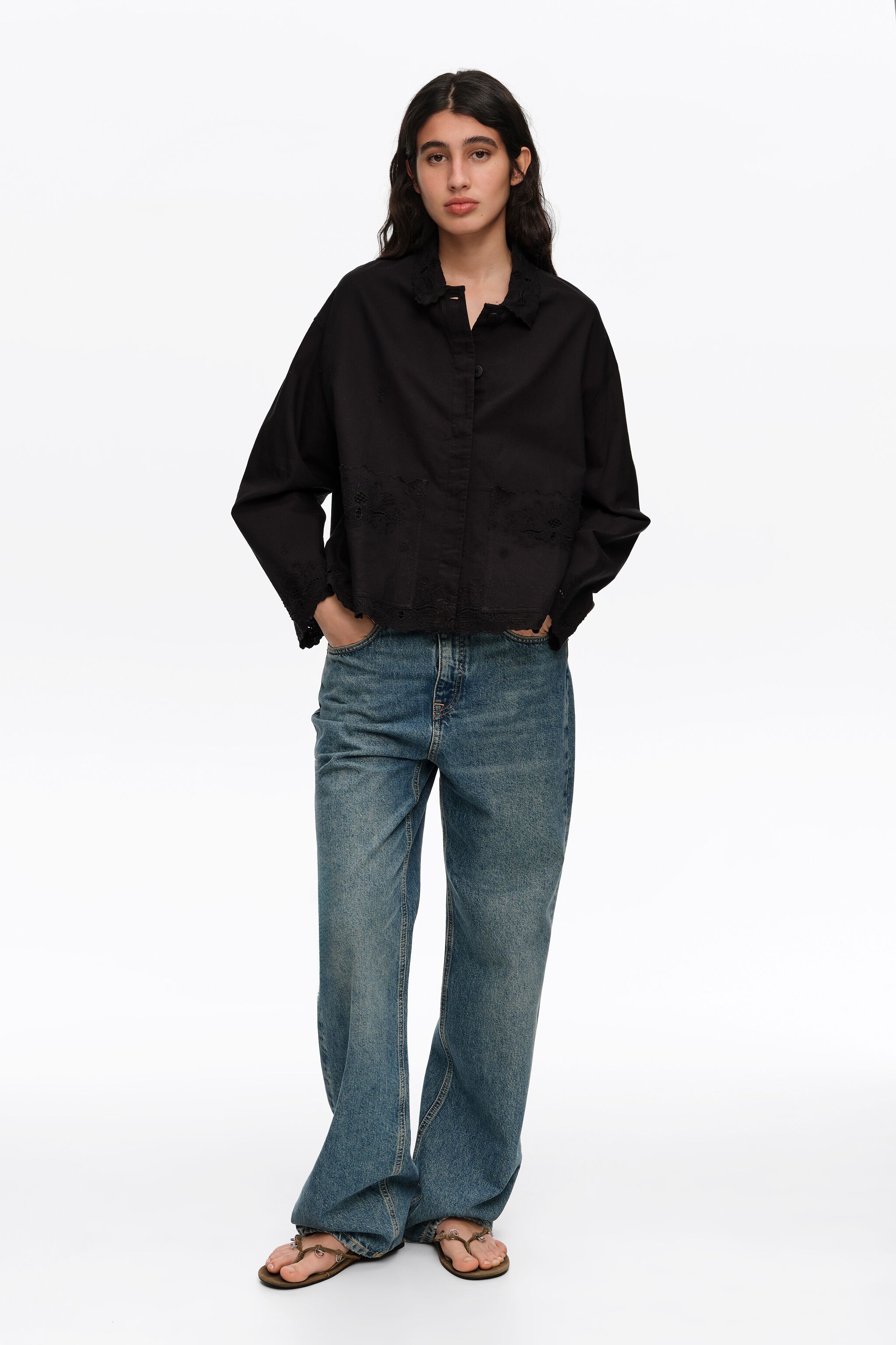 Black embroidered straight-cut jacket