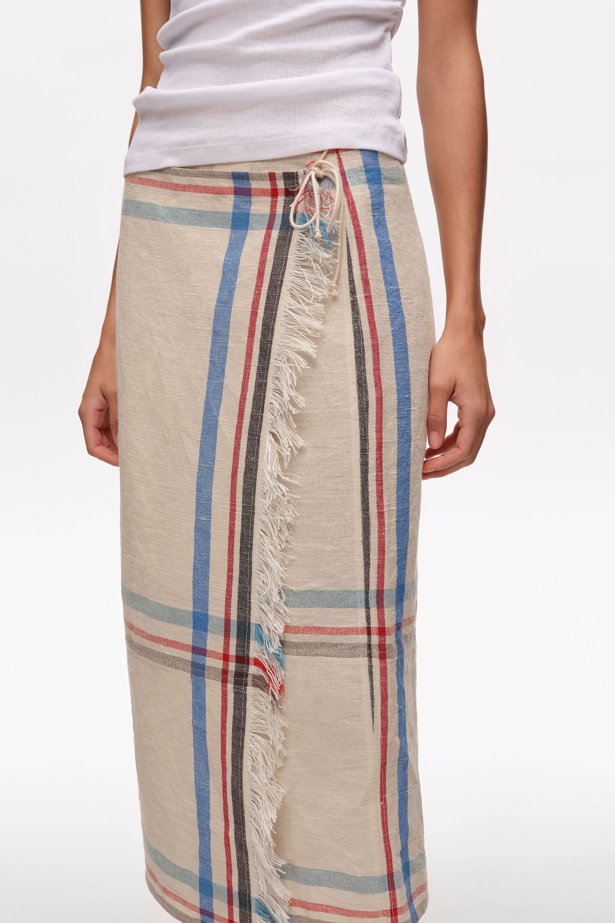 Ecru linen straight striped midi wrap skirt