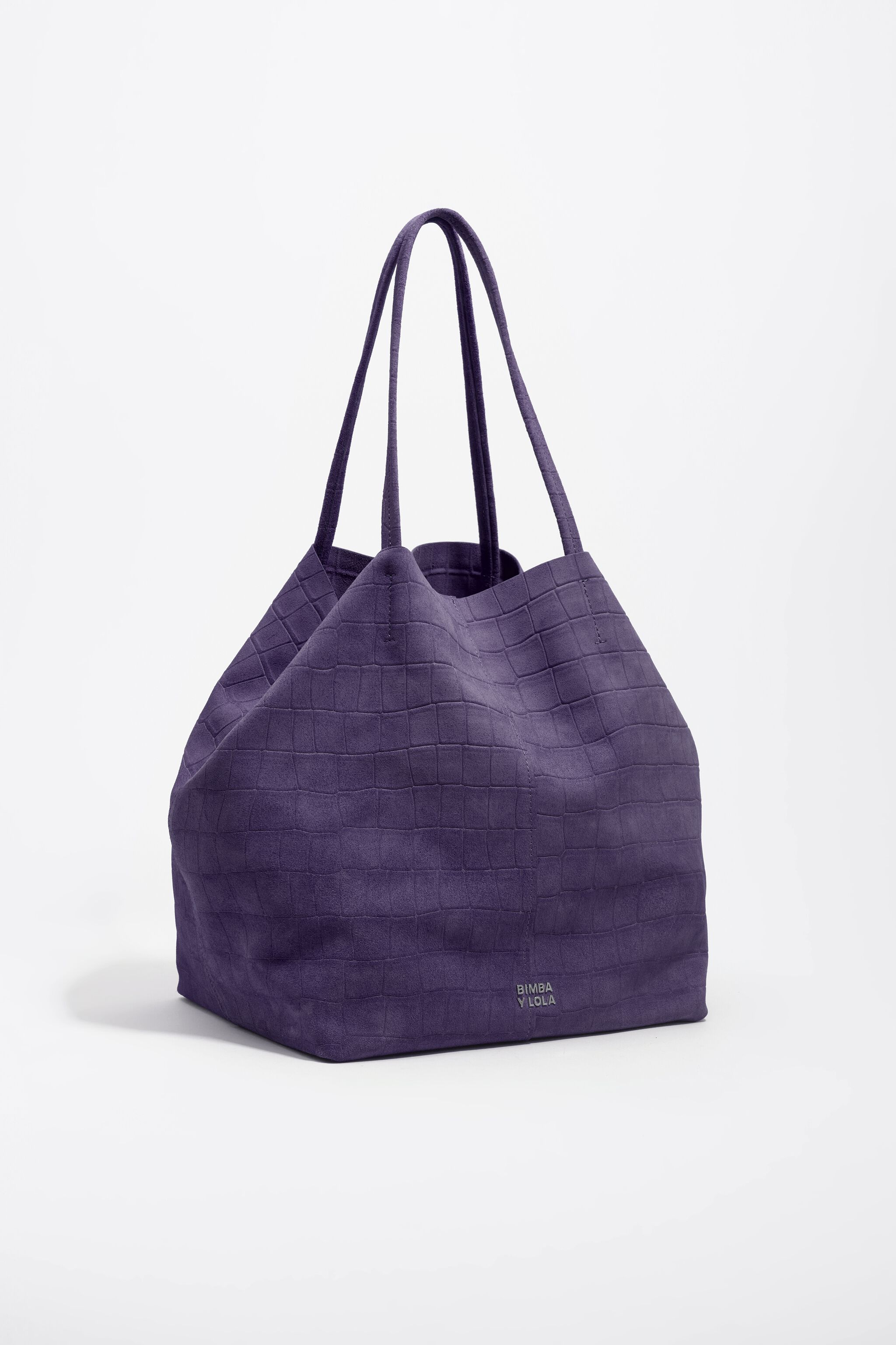 Large suede shopper bag in purple embossed crocodile