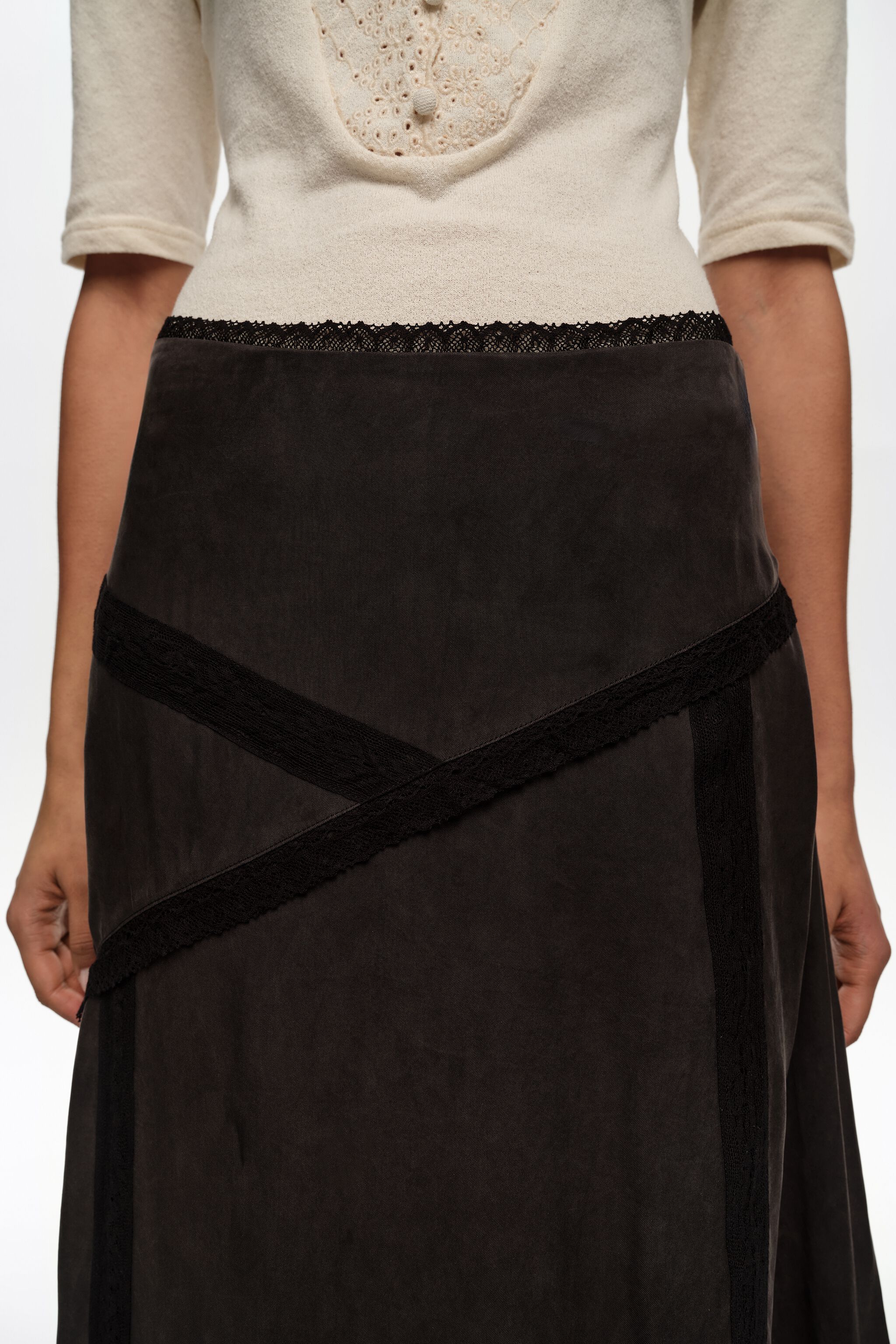 Washed black lace midi skirt
