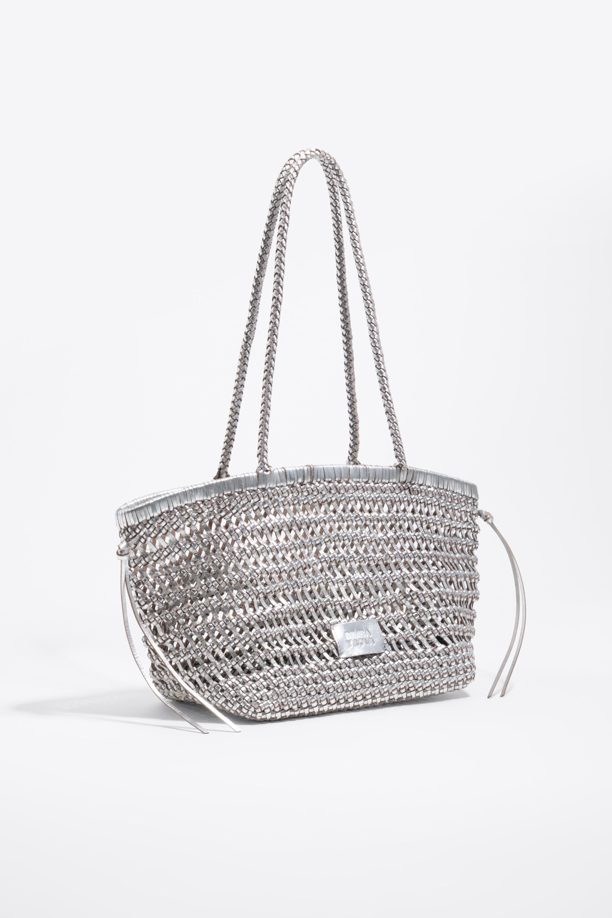 Large silver plaited leather shopper bag