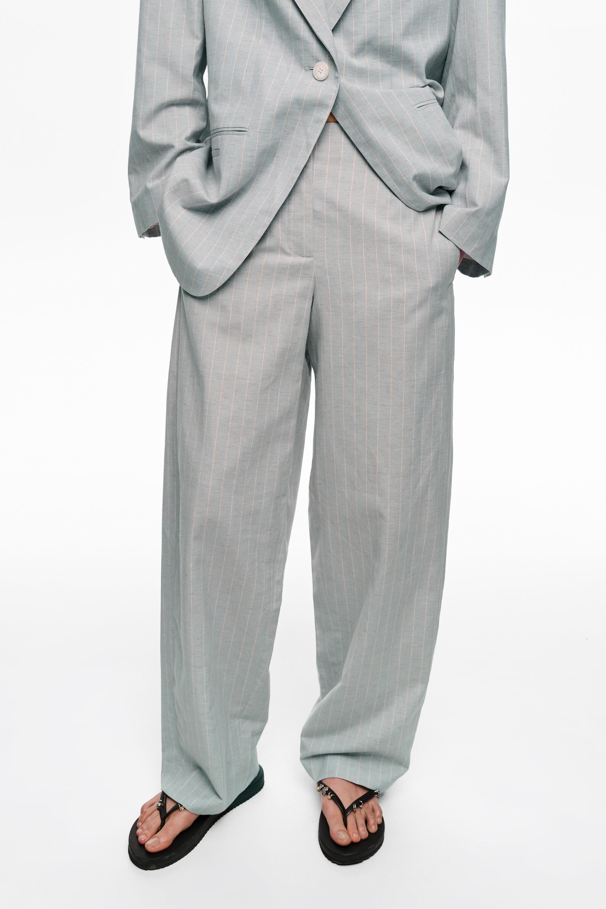 Light blue linen striped darted trousers