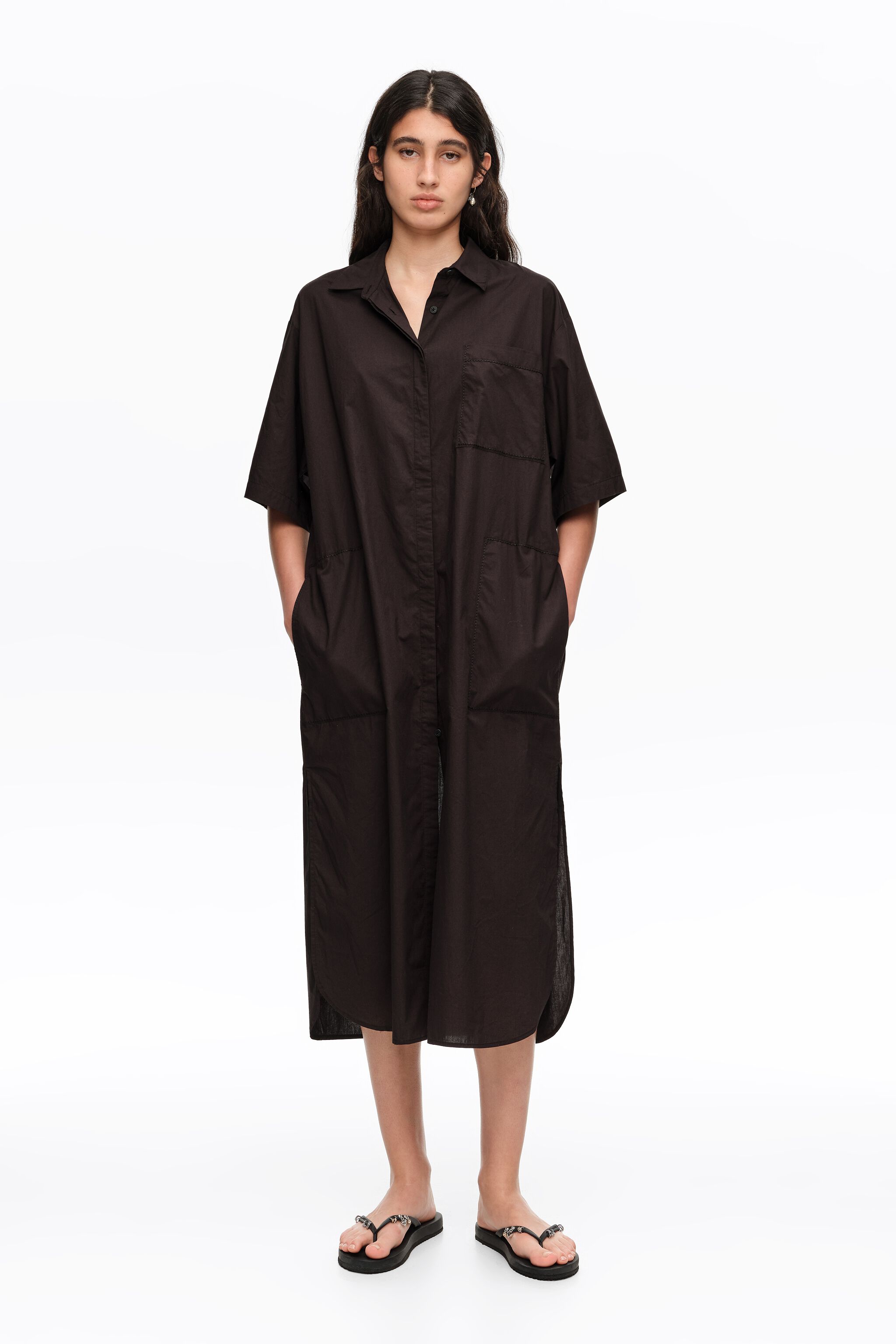Black cotton embroidered shirt dress