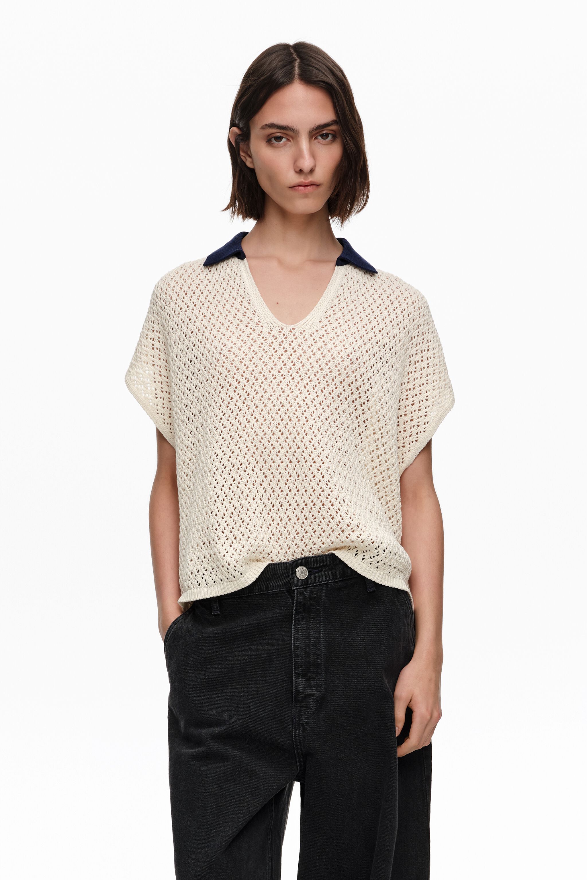 Ivory openwork cotton polo shirt sweater