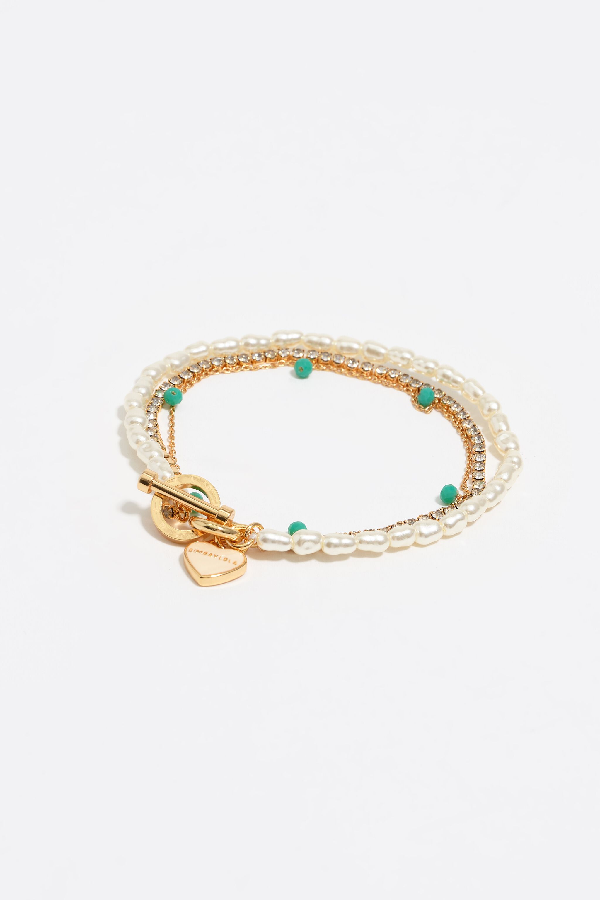 Gold-tone chain and pearl heart logo double-layer bracelet