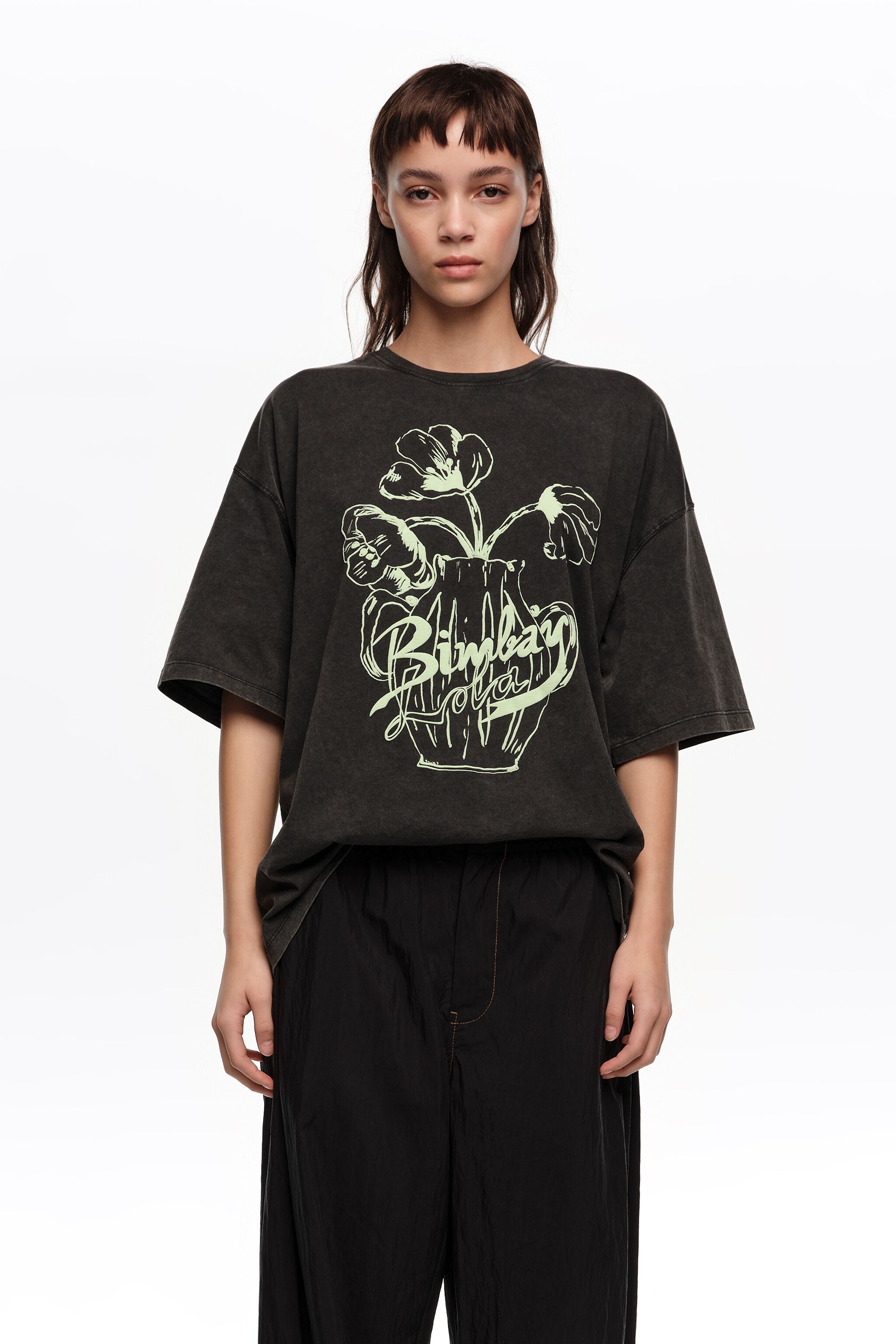 Faded black embossed floral logo T-shirt