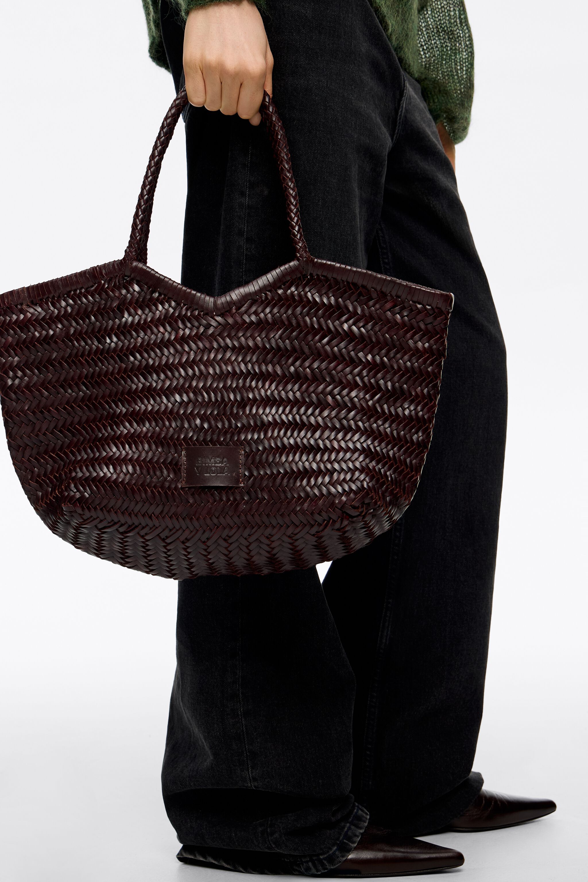 Large plaited eggplant leather shopper bag