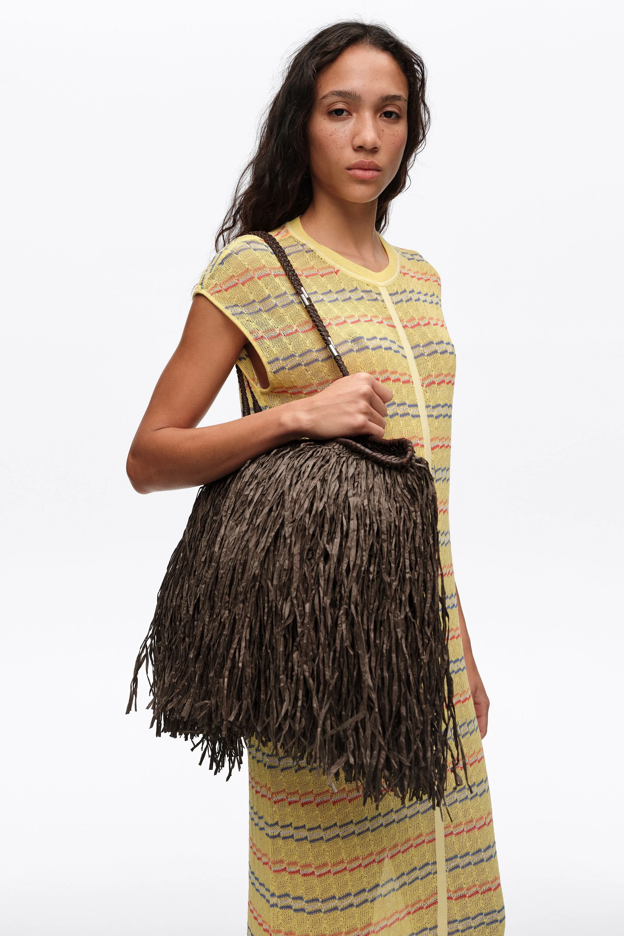 Large chocolate raffia-effect shopper bag