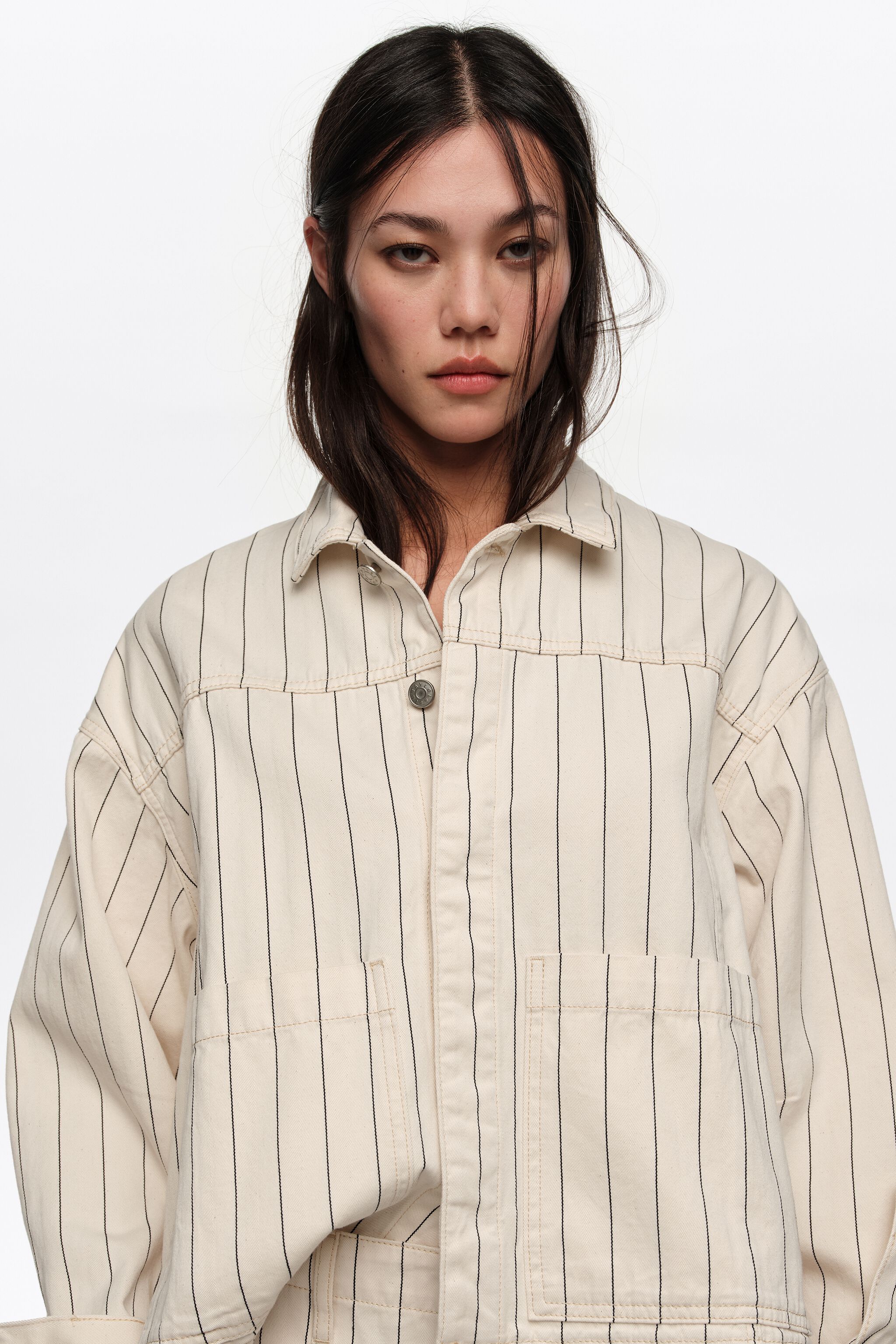 Off-white striped A-line denim jacket