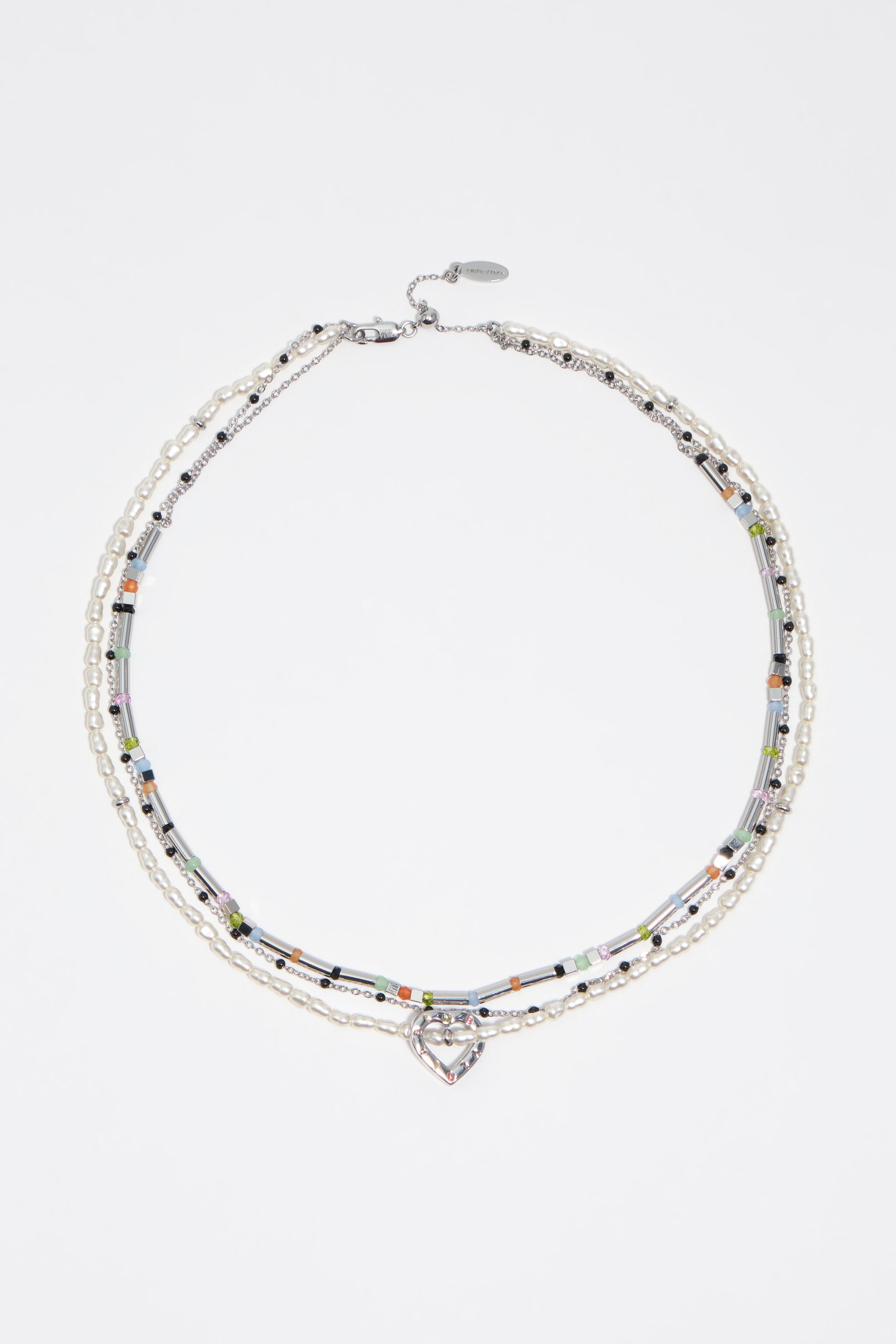 Triple silver chain necklace with pearls heart logo