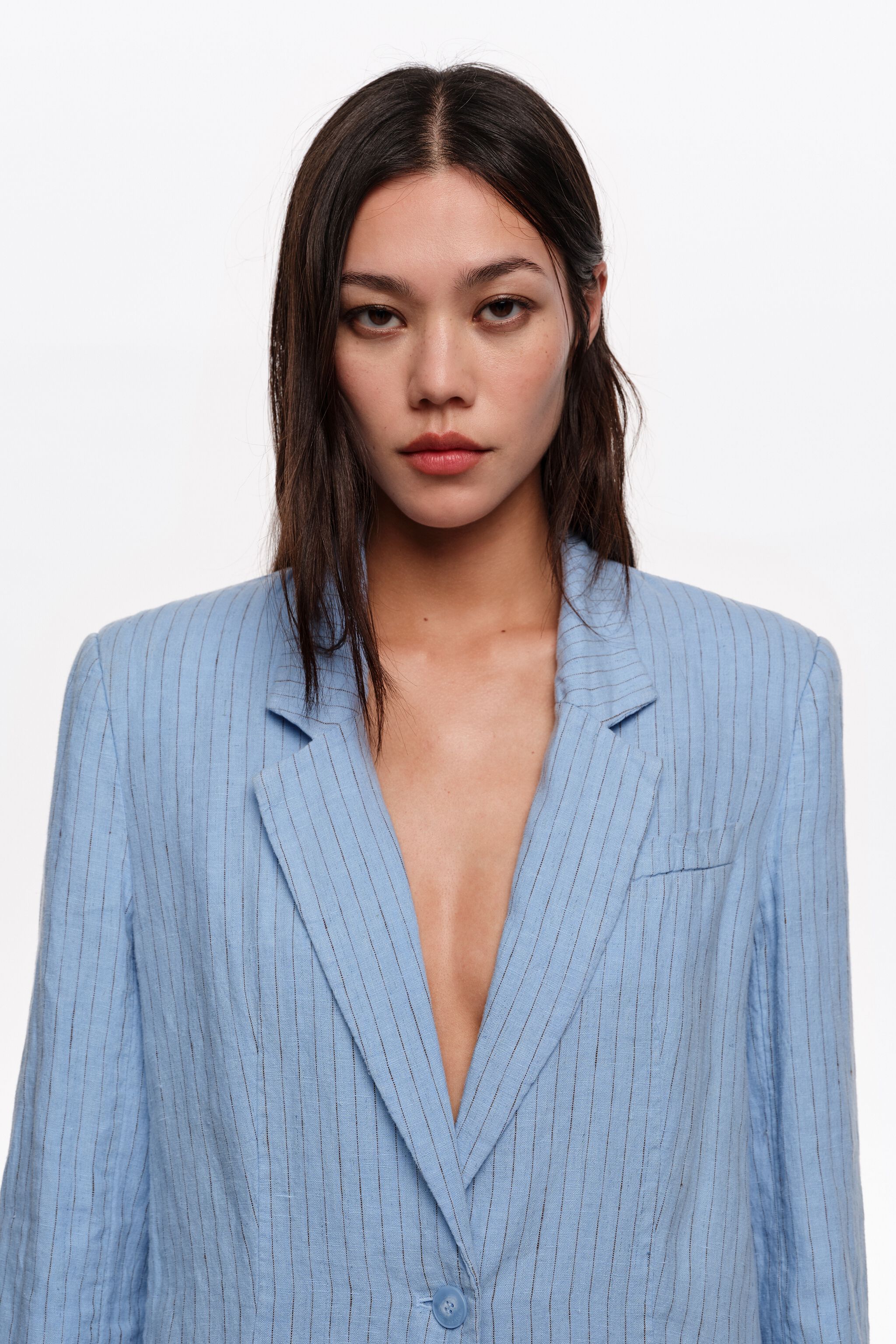 Light blue striped washed tailored linen jacket