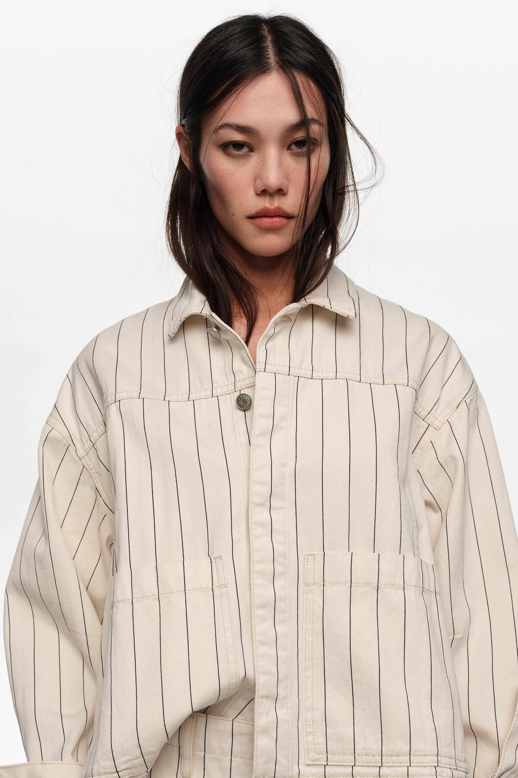Off-white striped A-line denim jacket