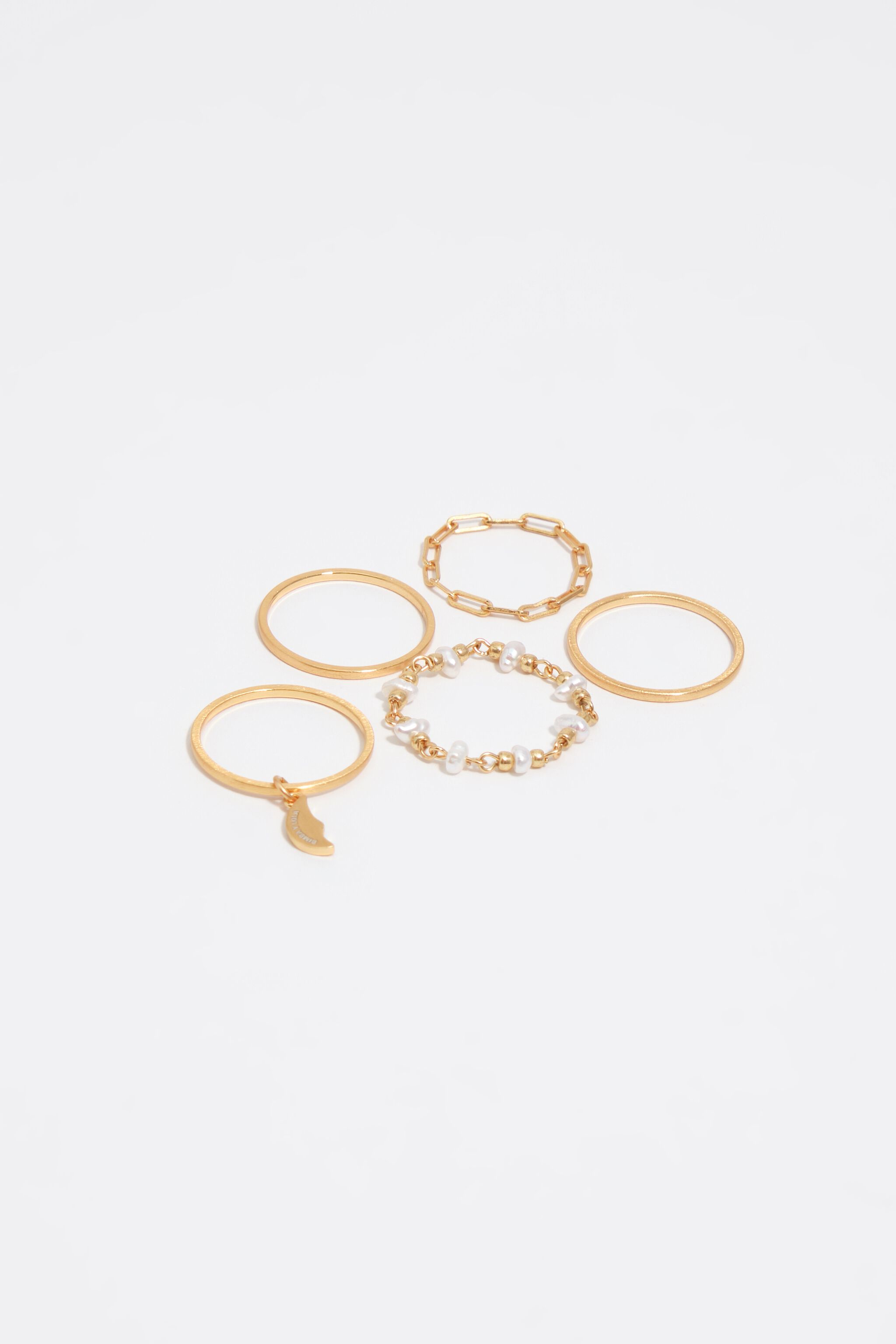 Set of 5 pearl and brushed gold moon rings