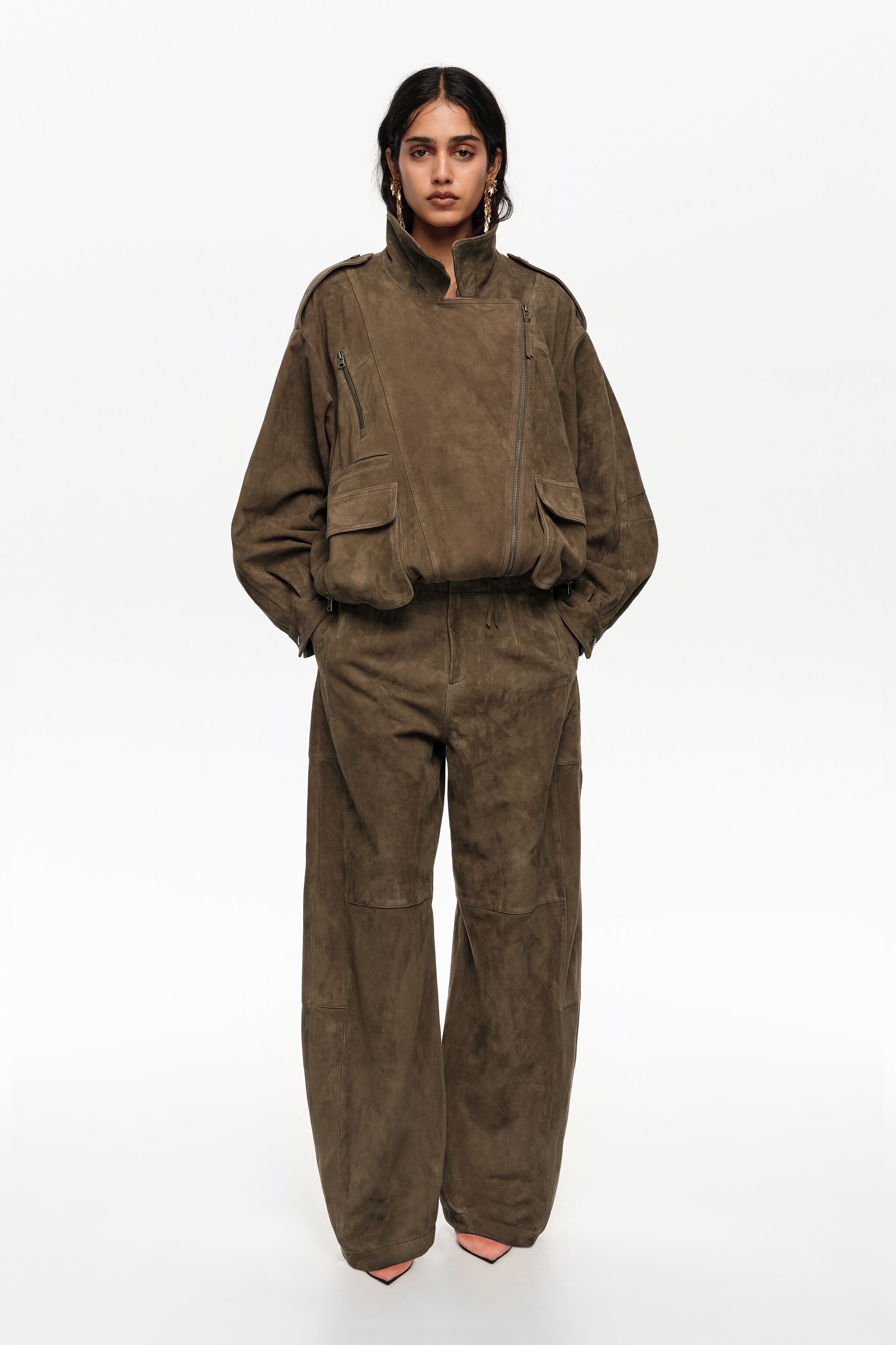 Dark olive suede barrel trousers