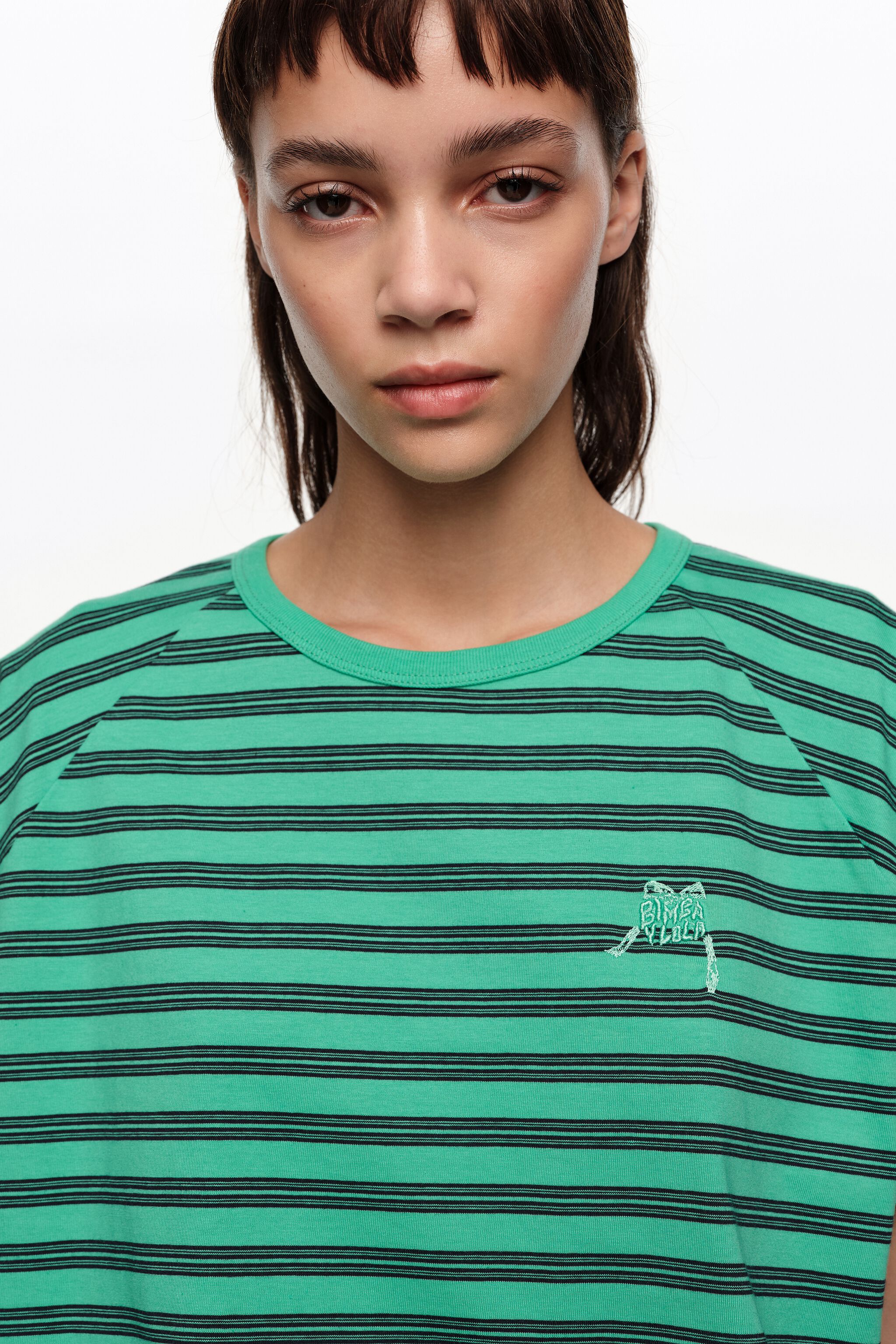 Green striped cropped T-shirt with embroidered logo