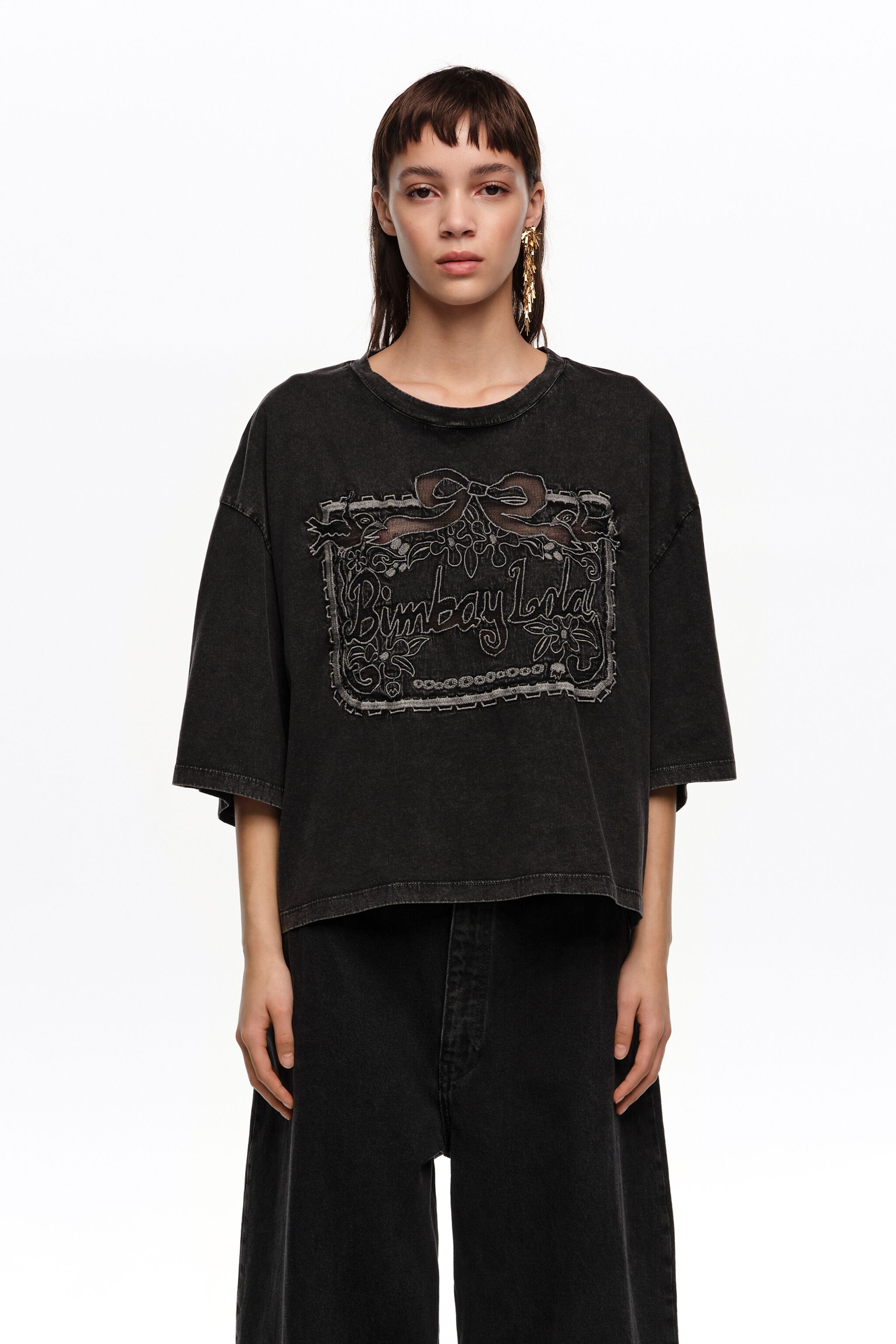 Faded black maxi broderie anglaise logo T-shirt