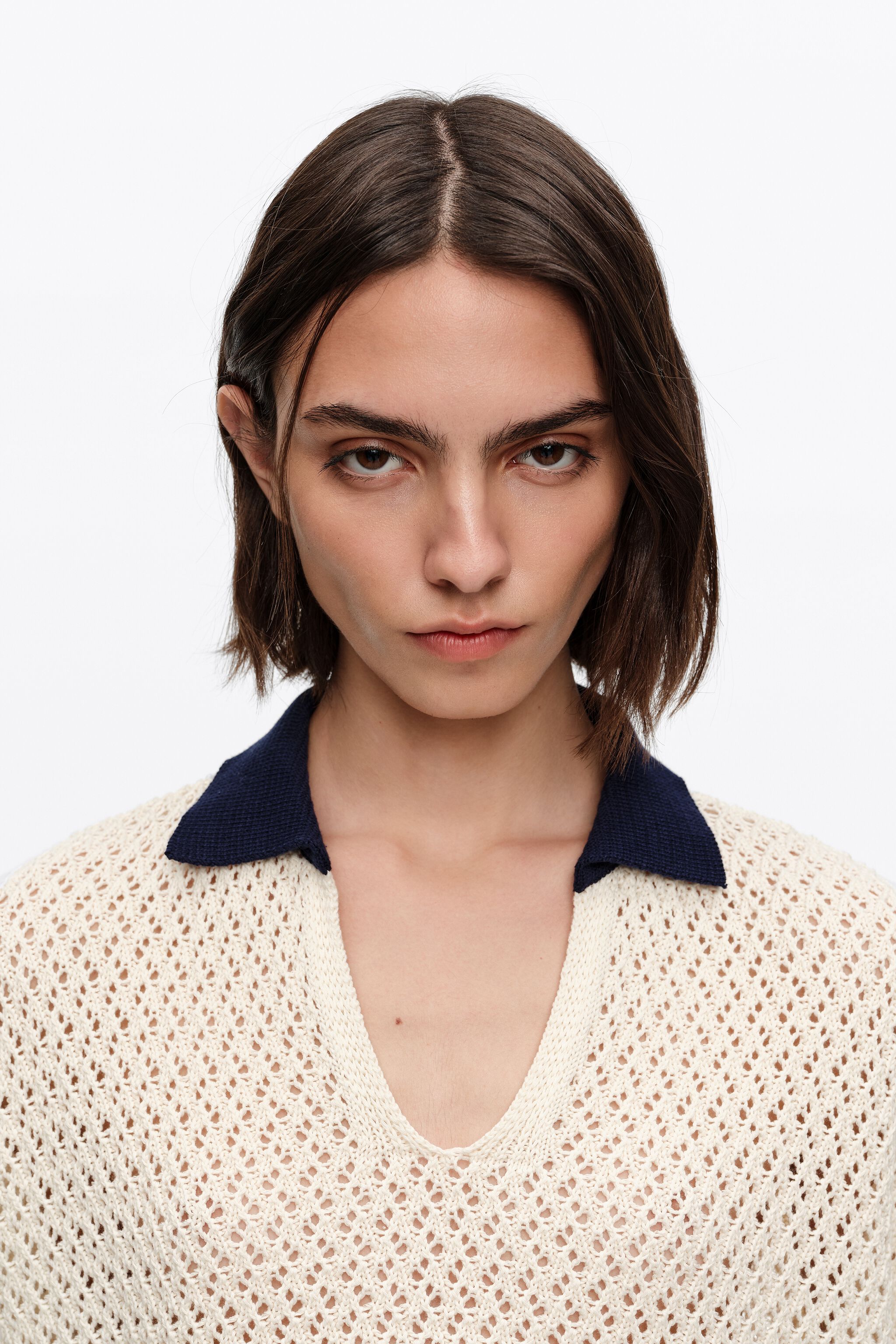 Ivory openwork cotton polo shirt sweater