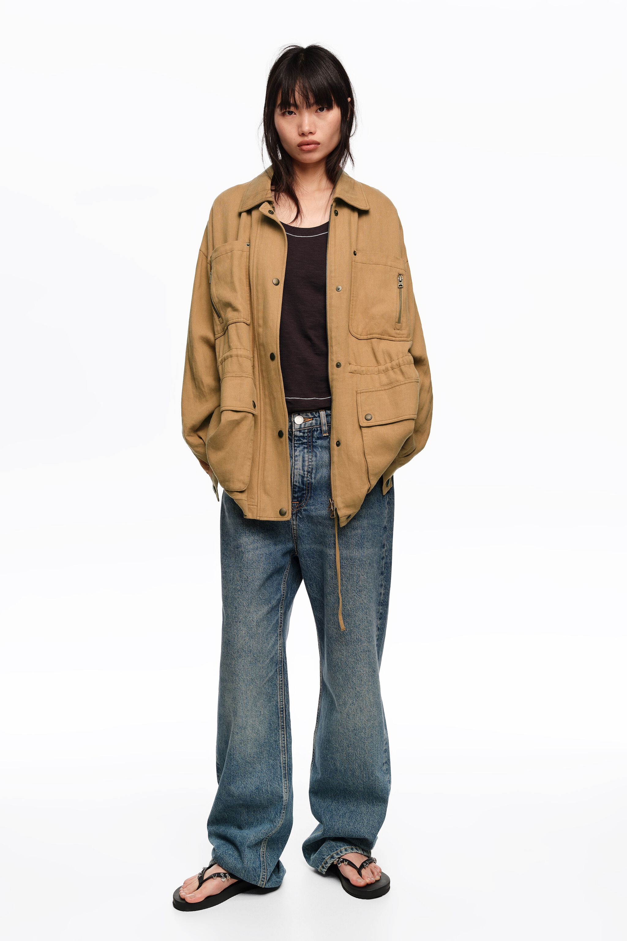 Camel jacket with adjustable waist