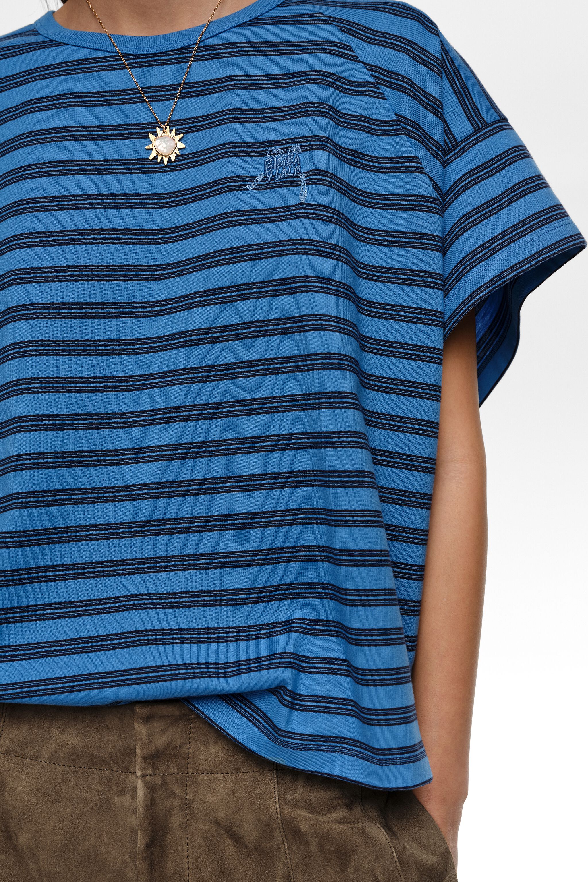 Blue striped cropped T-shirt with embroidered logo