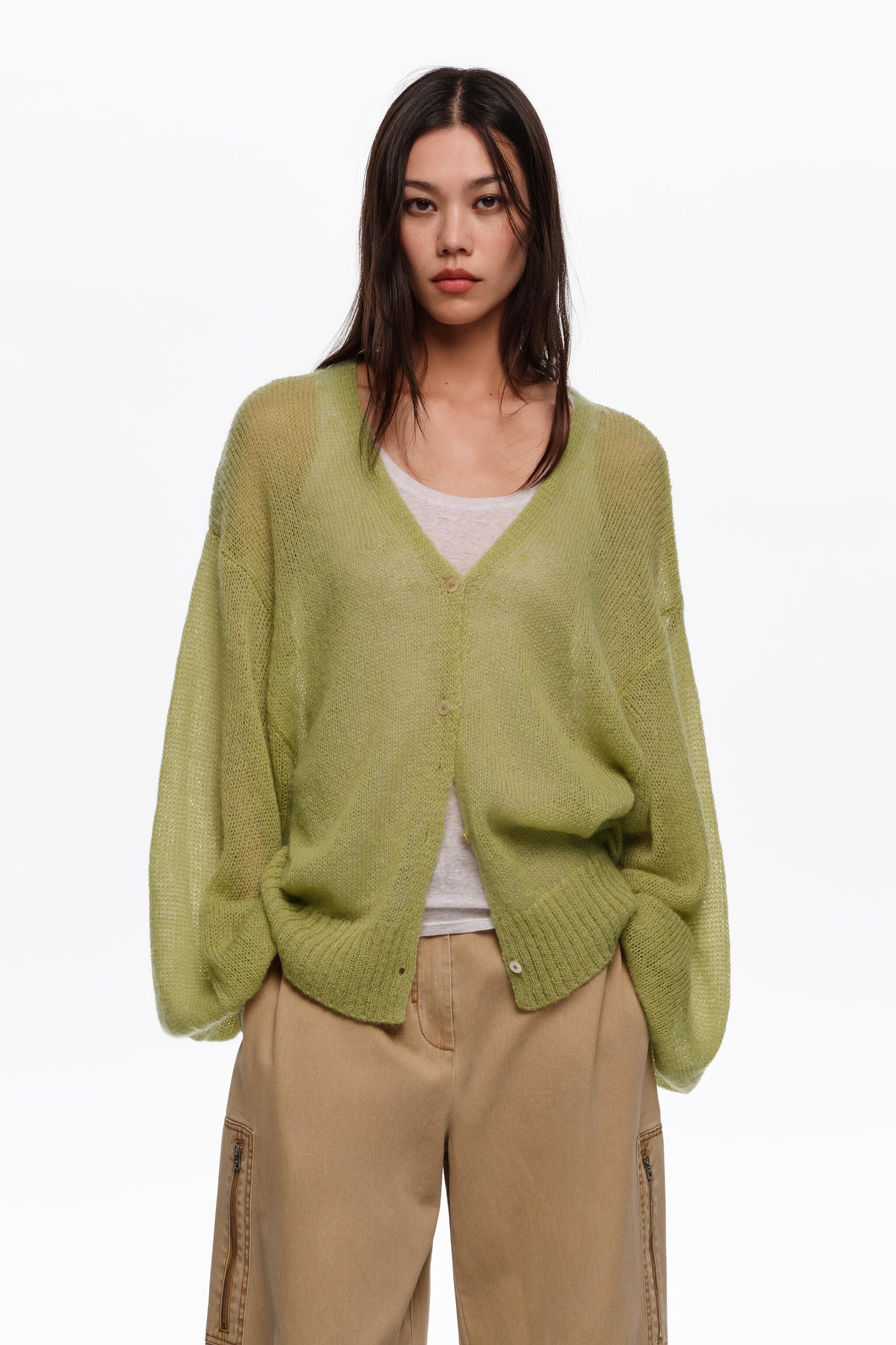 Green mohair and wool long cardigan