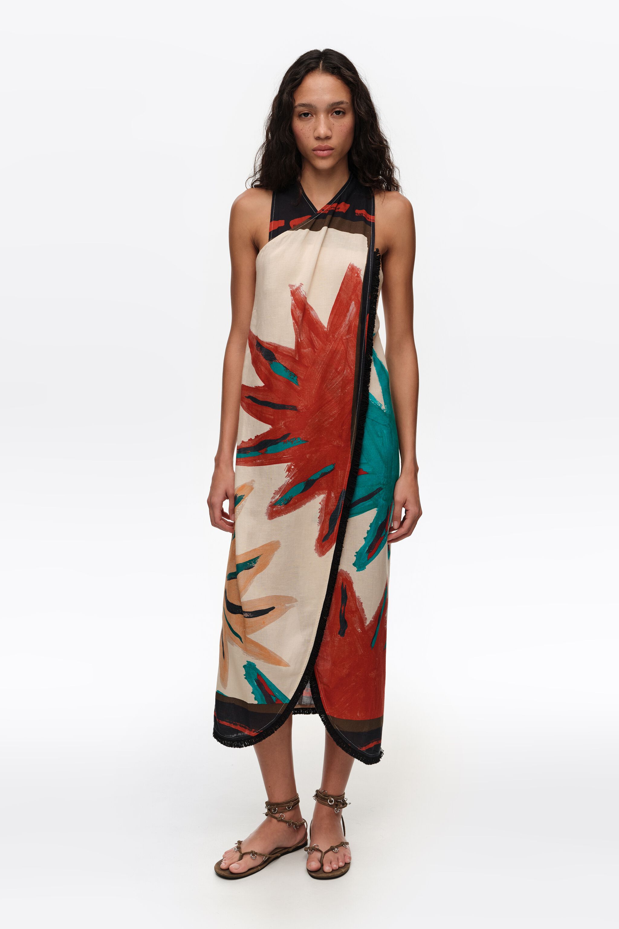 Positional Sun fringed midi wrap dress