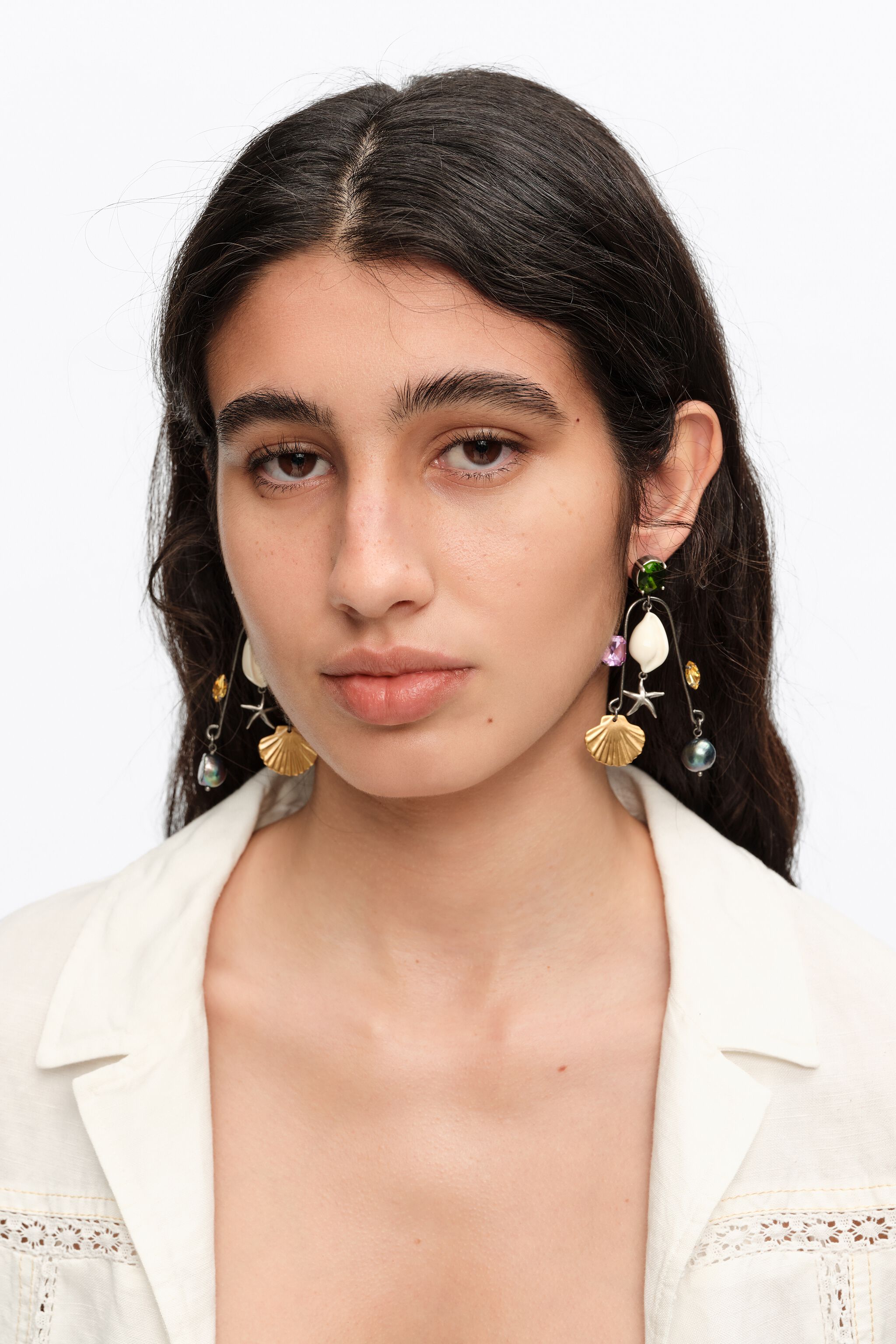 Aged silver seashell and crystals earrings