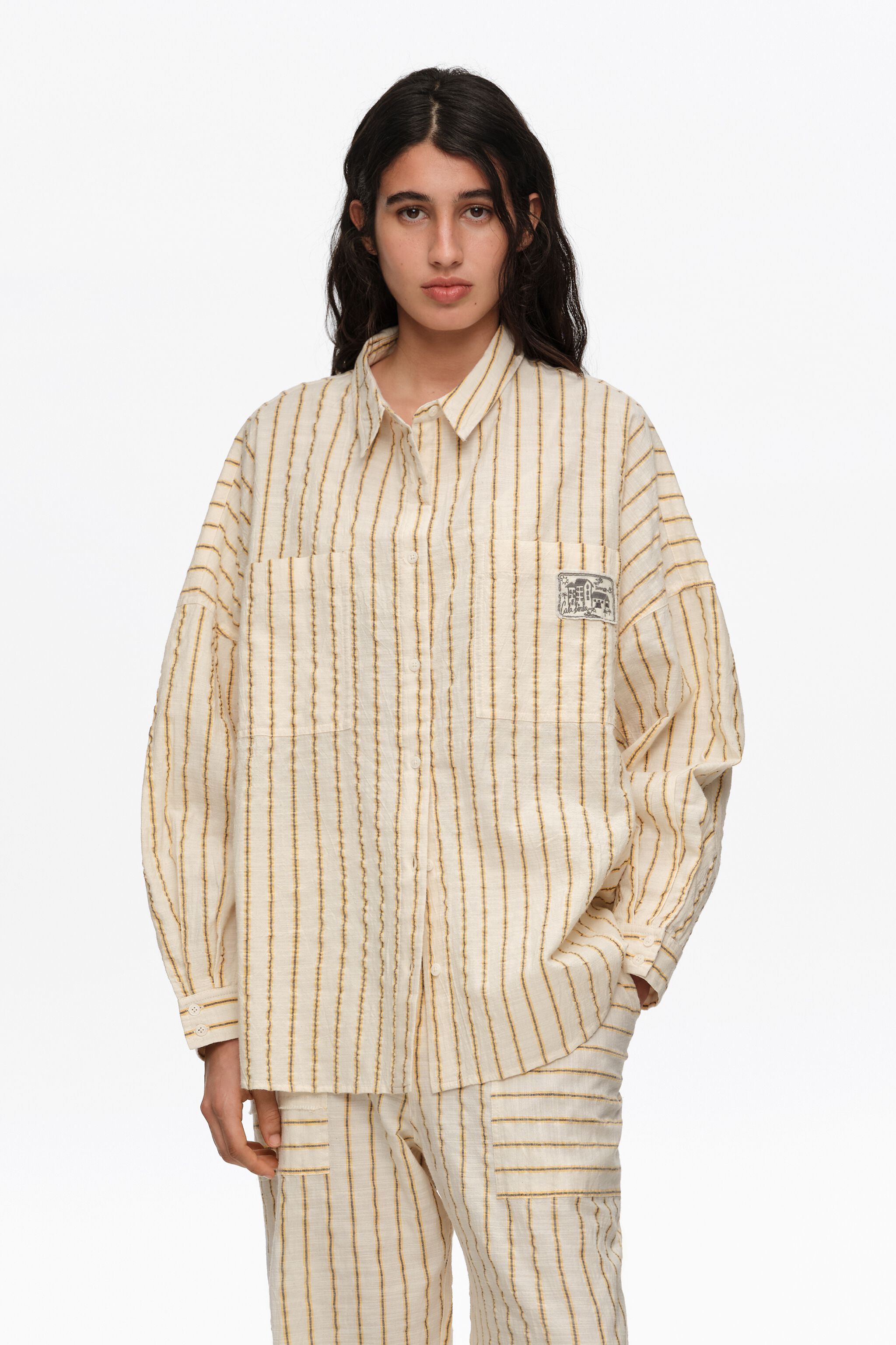 Ocher striped textured cotton oversize shirt