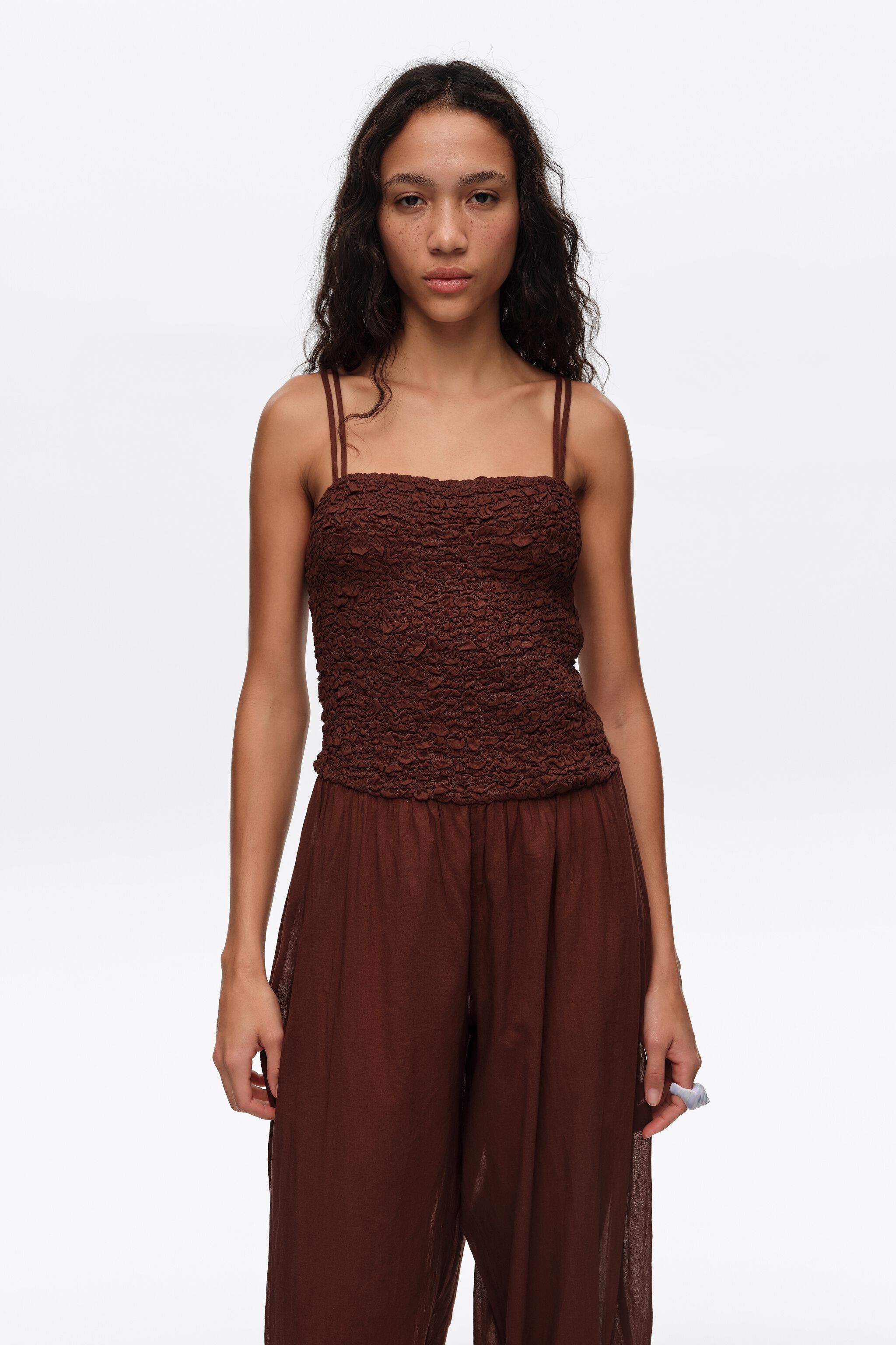 Brown cotton gathered balloon jumpsuit