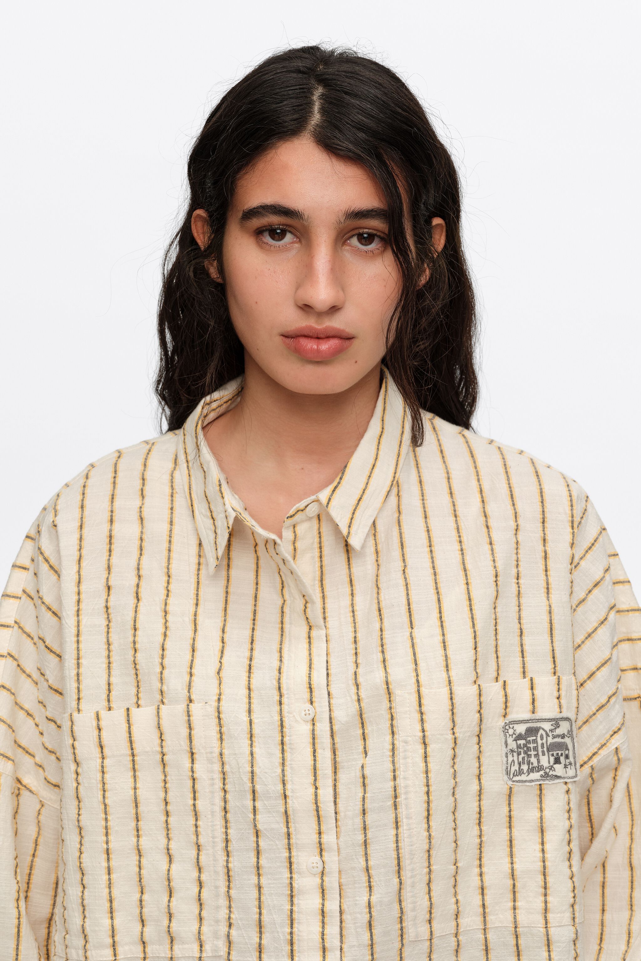 Ocher striped textured cotton oversize shirt