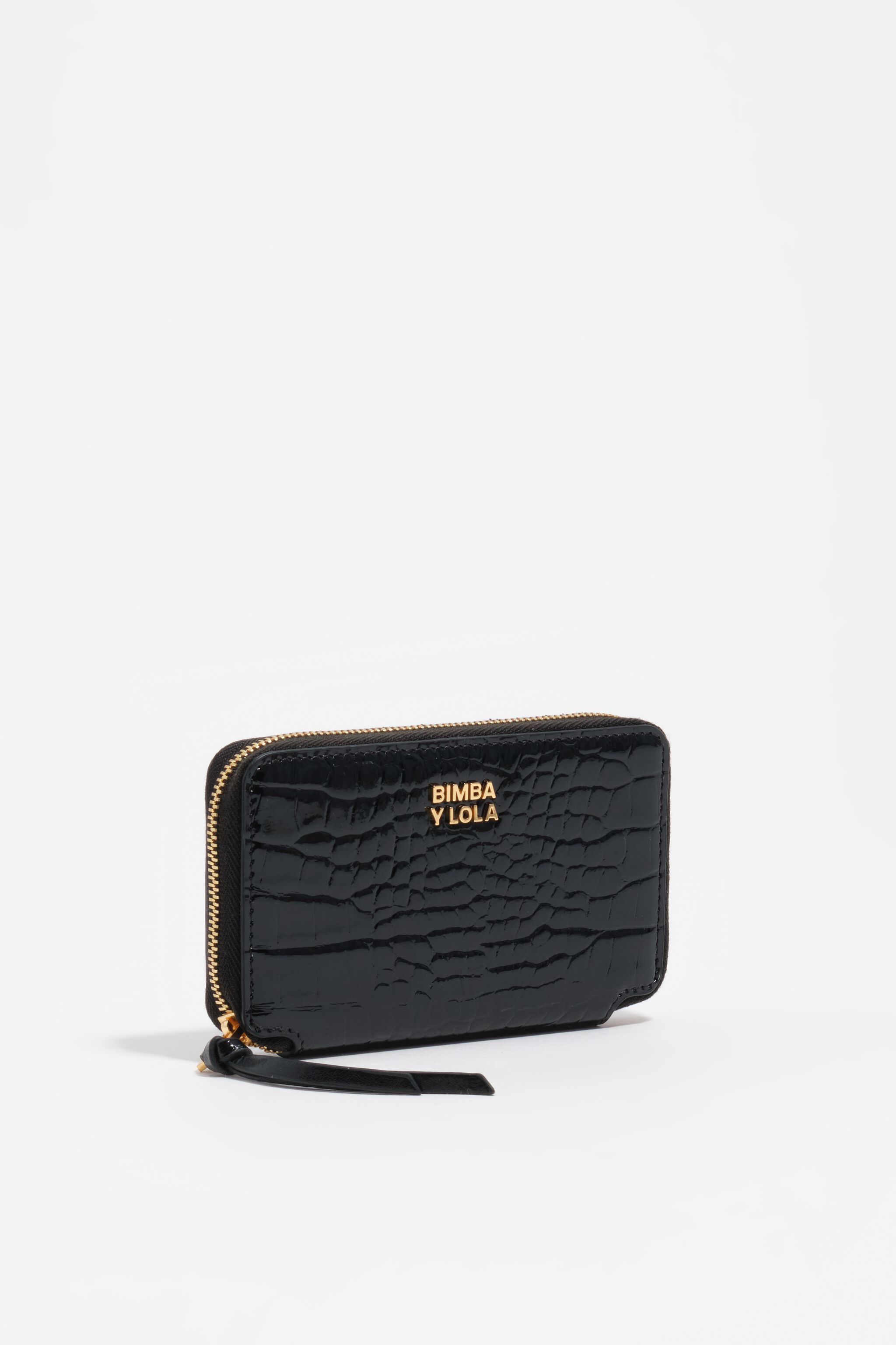 Black embossed crocodile leather compact purse