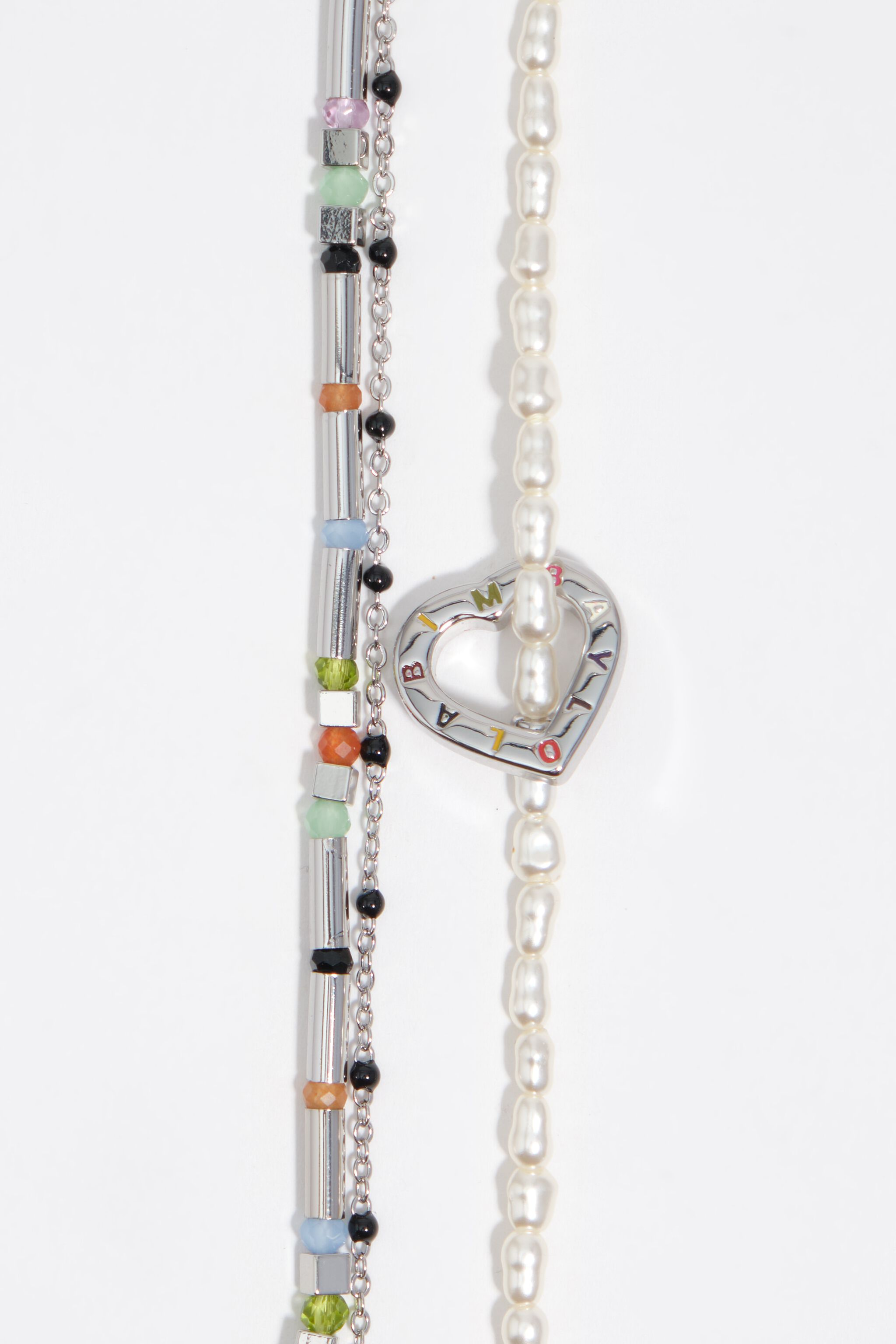 Triple silver chain necklace with pearls heart logo
