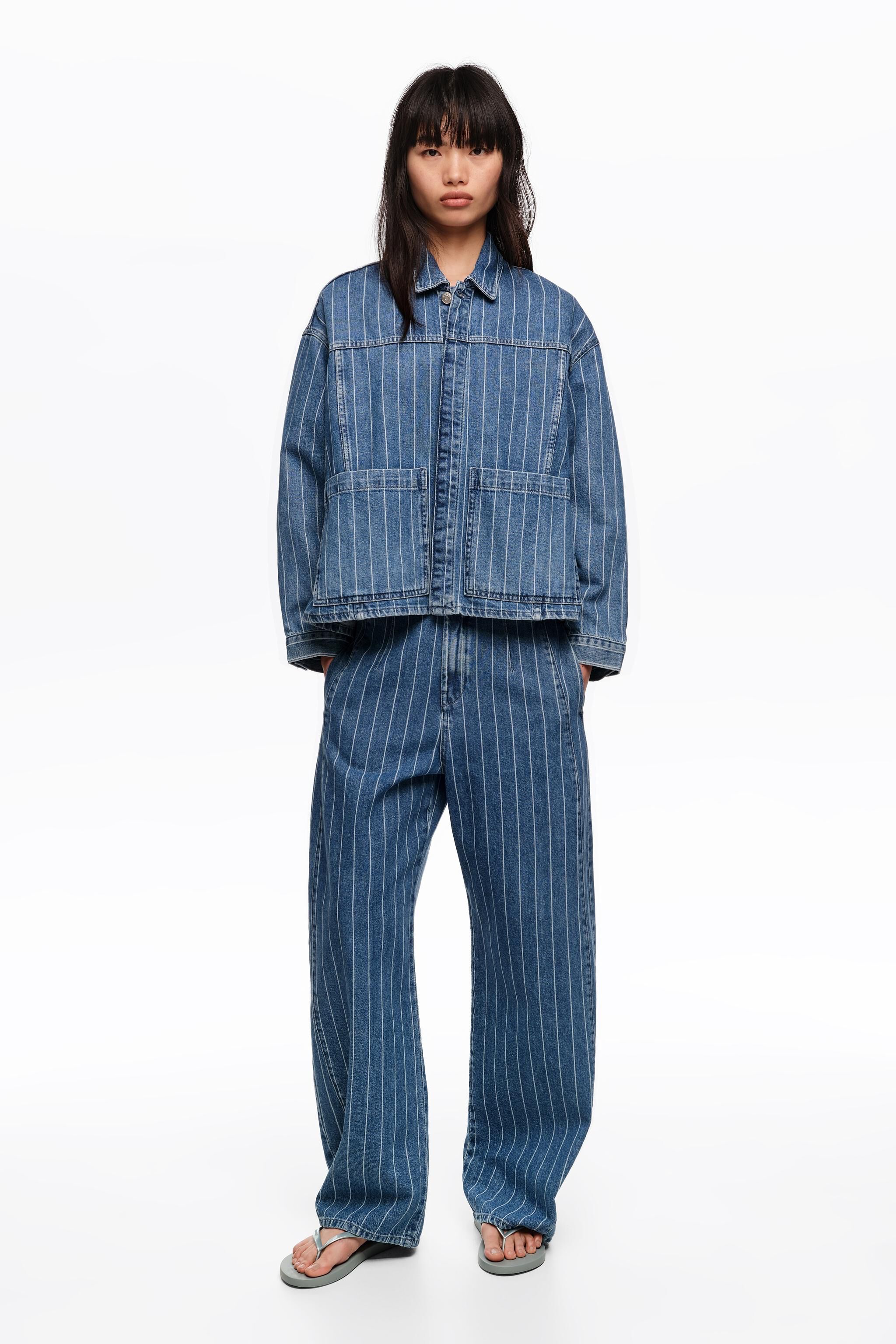 Faded A-line denim jacket with blue stripes