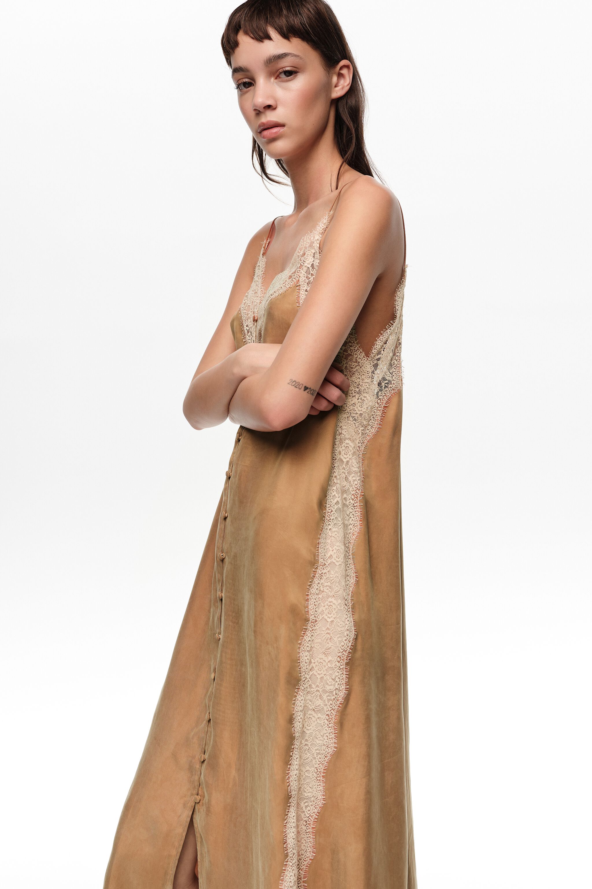 Toffee slip dress with contrast lace
