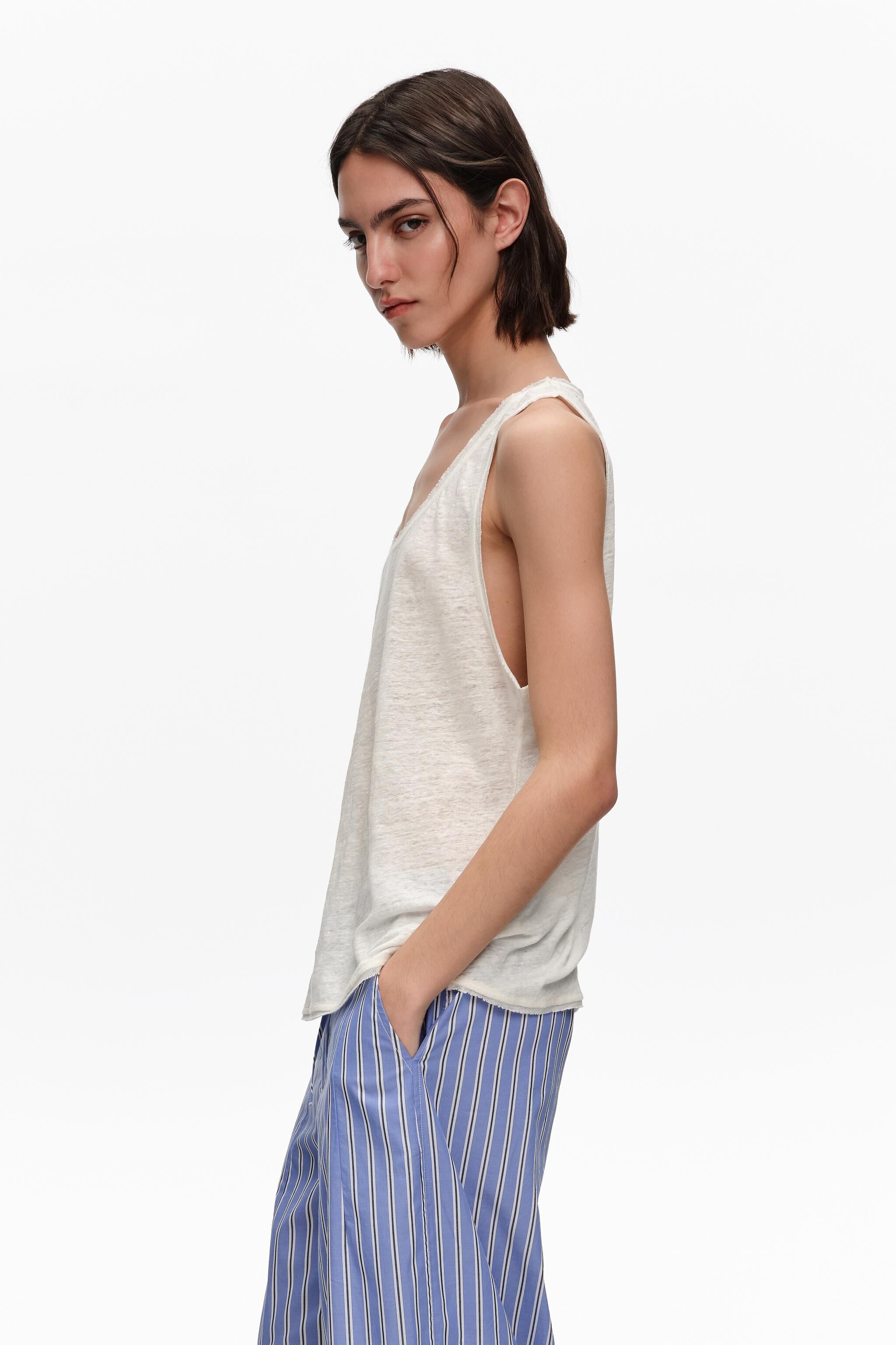Ivory washed linen vest top