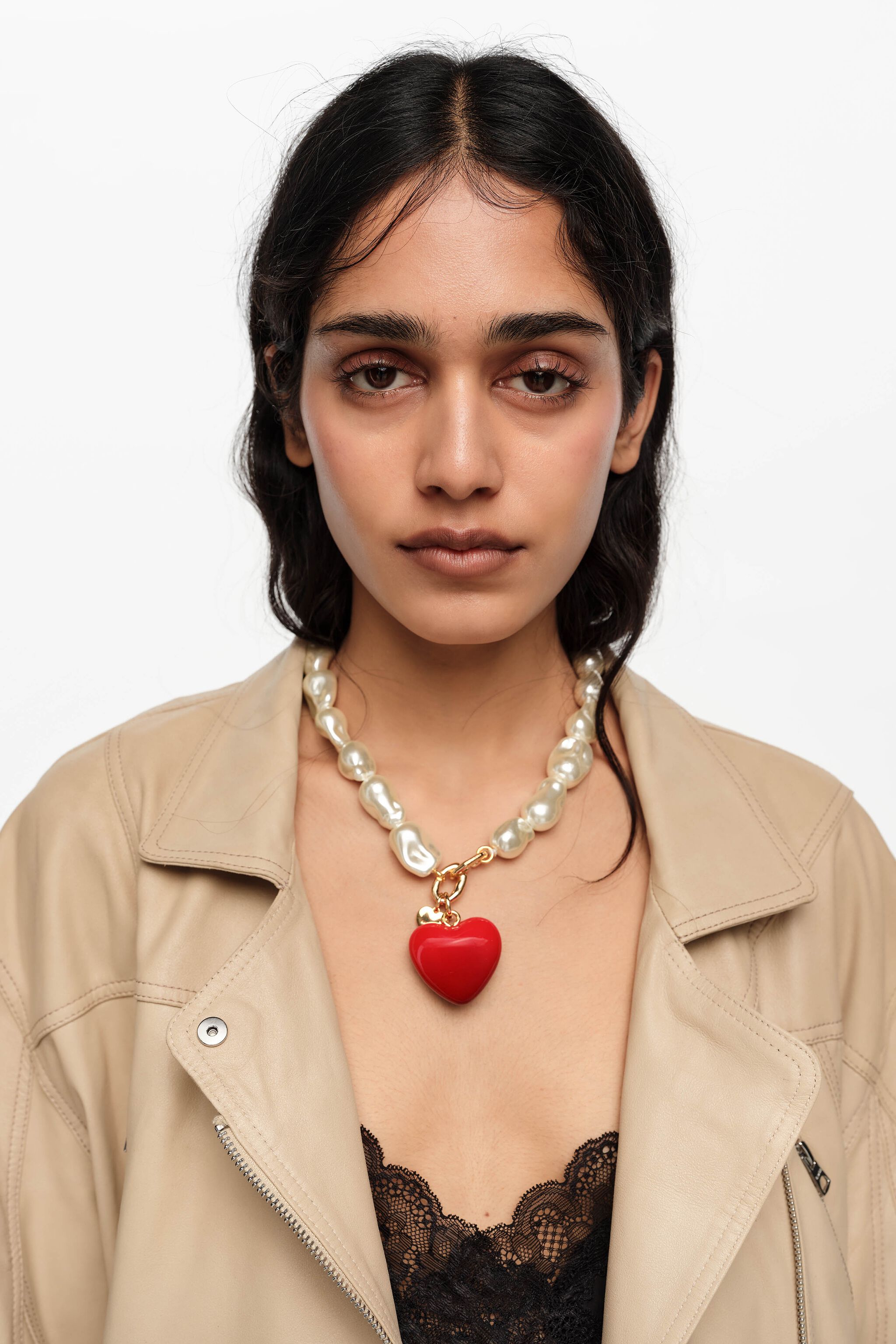 Pearls and red heart necklace
