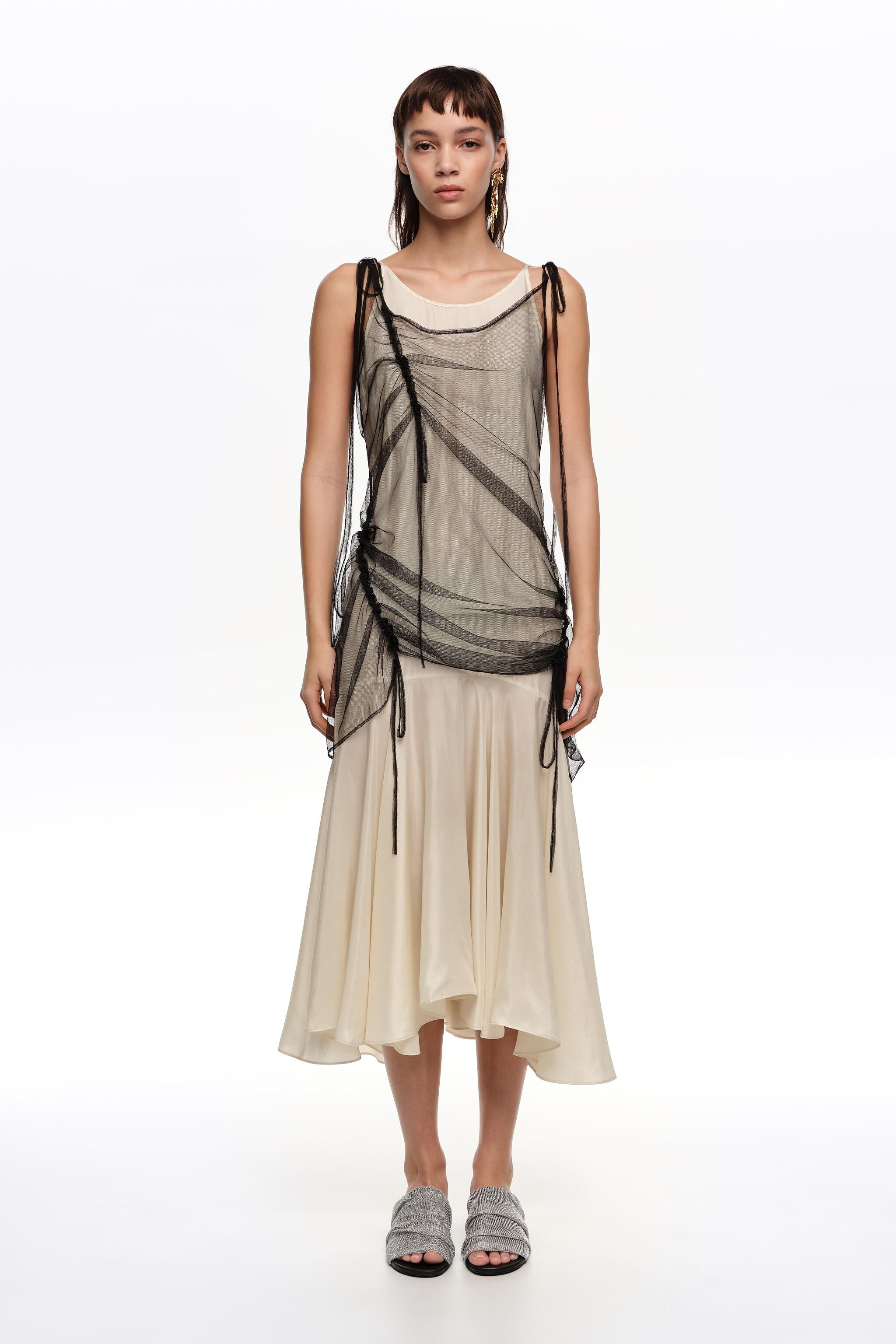 Camisole dress with black mesh overlay