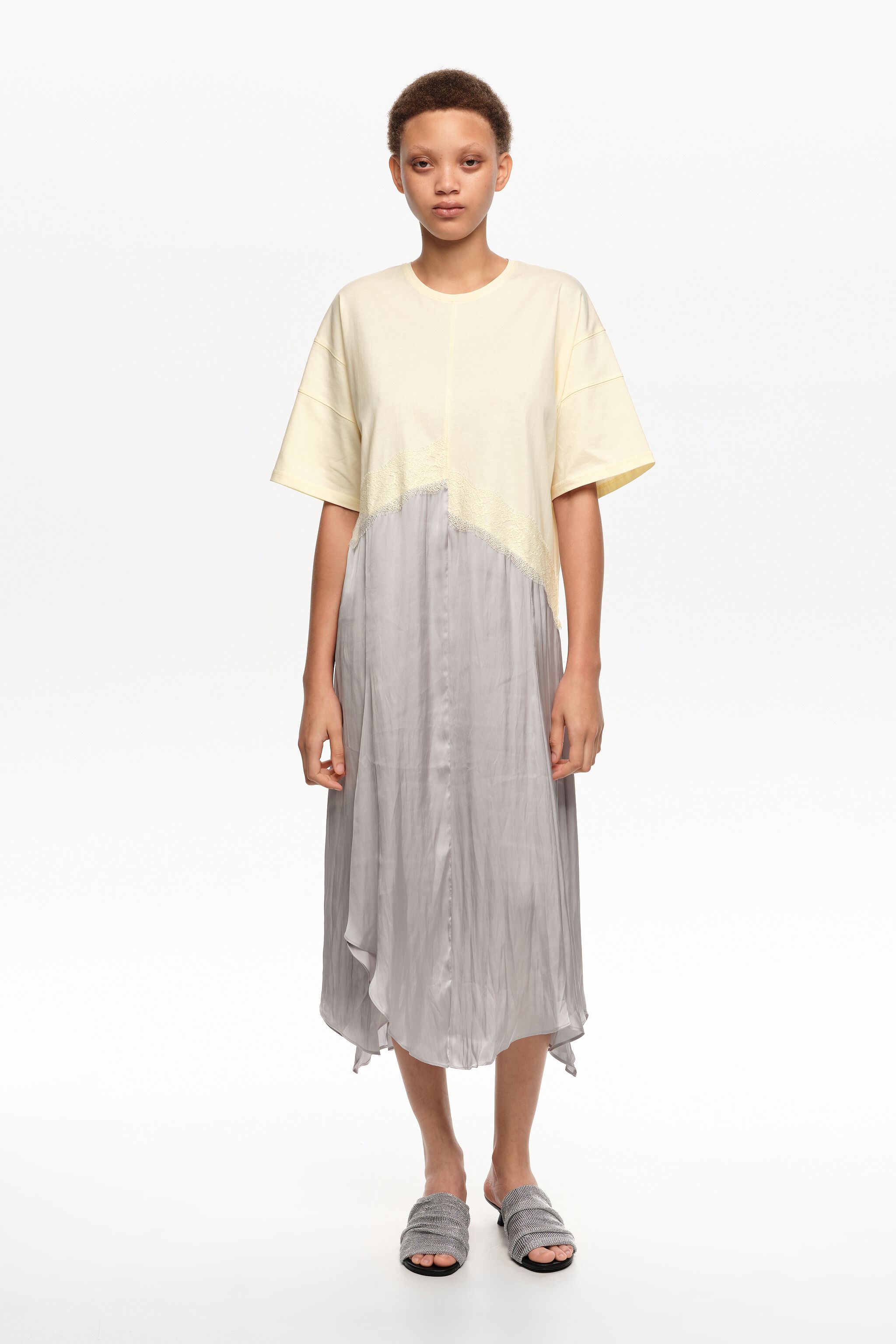 Light gray two-material asymmetric dress