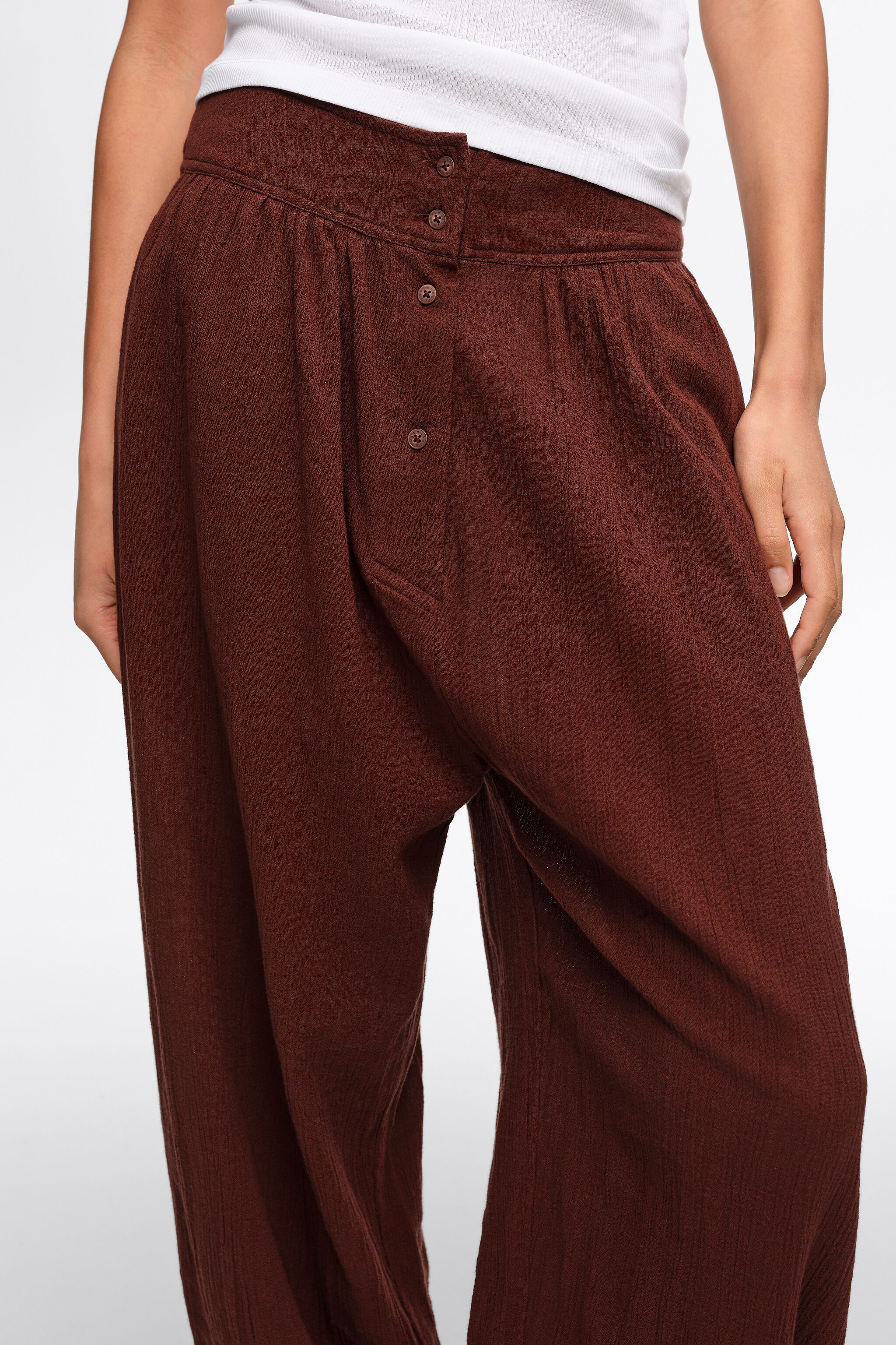 Brown textured cotton harem trousers