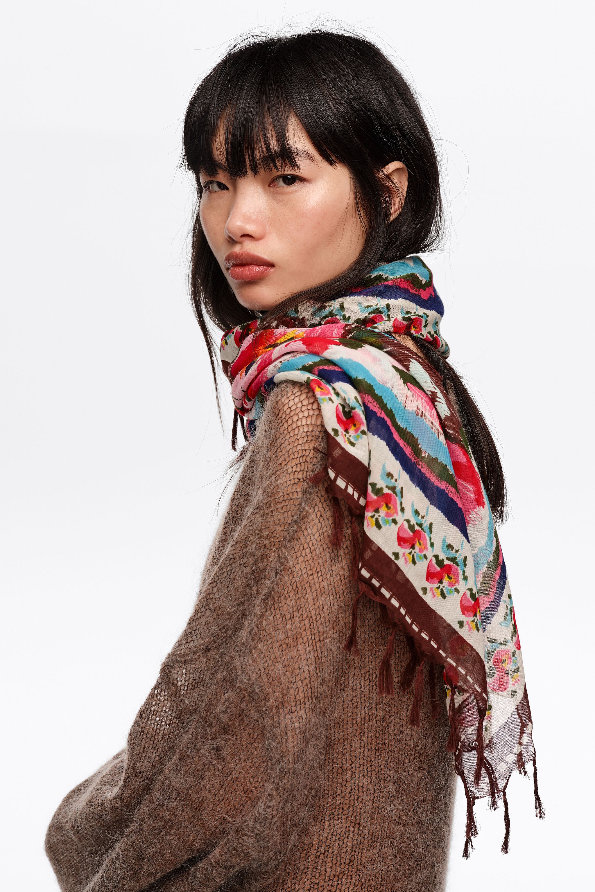 Burgundy ikat flower patchwork shawl